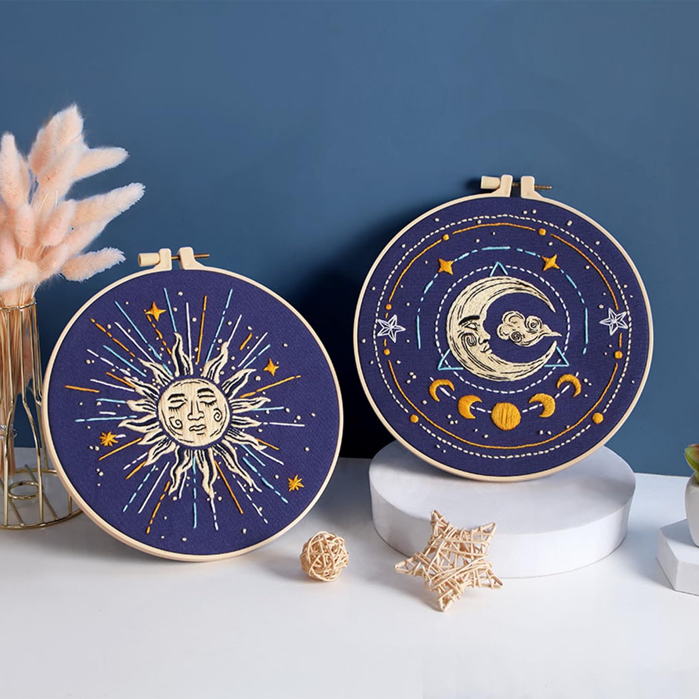 Louise Maelys 3 Set Tarot Embroidery Kits for Beginners,Cross Stitch Kit for Adults,Starters DIY Needlepoint Including Embroidery Cloth with Sun Moon Star Evil Eye Pattern and Instructions