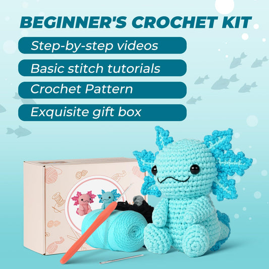 Crochet Kit for Beginners, Crochet Animal Kits, Amigurumi Crocheting Kit for Starters with Step-by-Step Video Tutorials, Beginner Crochet Kit for Adults (1Pack Blue Axolotl)