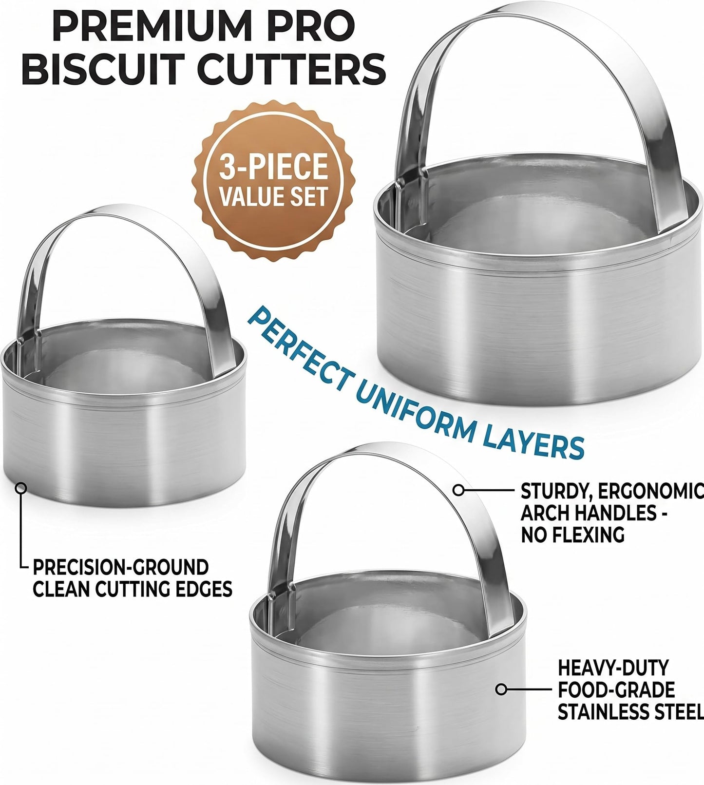 Maykito 3 Pieces Round Biscuit Cutter with Handle - Stainless Steel Round Circle Doughnut Cutter Baking Molds Assorted Size