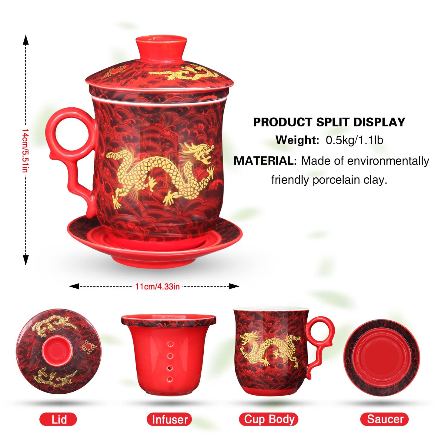 Chinese Dragon Pattern Tea-Mug with Strainer Infuser and Lid and Saucer Ceramic Tea Mug Convenient System Chinese Porcelain Personal Tea Cup 13.5 oz(380ml) - RED, TC400