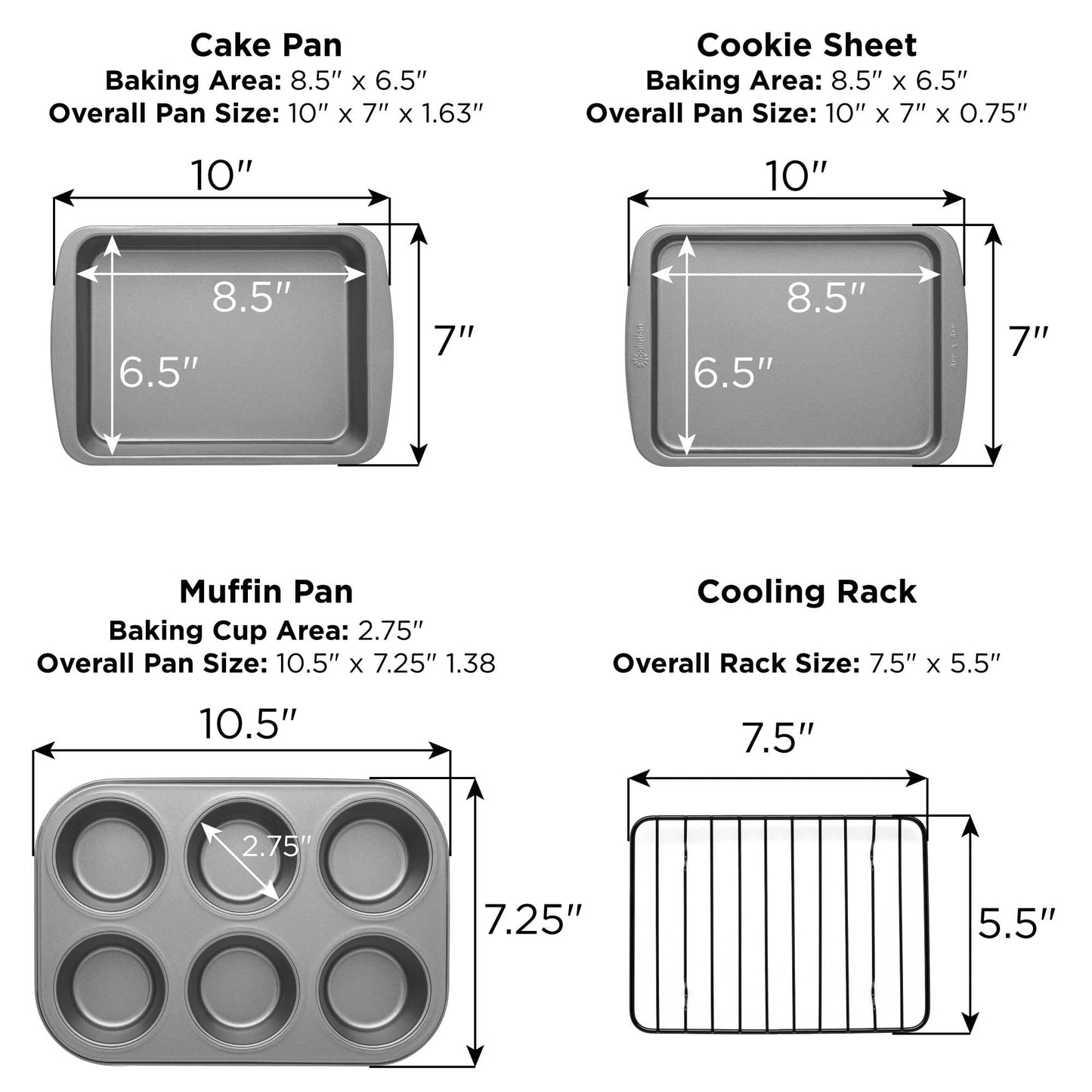 Ecolution Non-Stick Toaster Oven Bakeware Set 4-Piece, Carbon Steel, Easy to Clean and Perfect for Single Servings, Gray