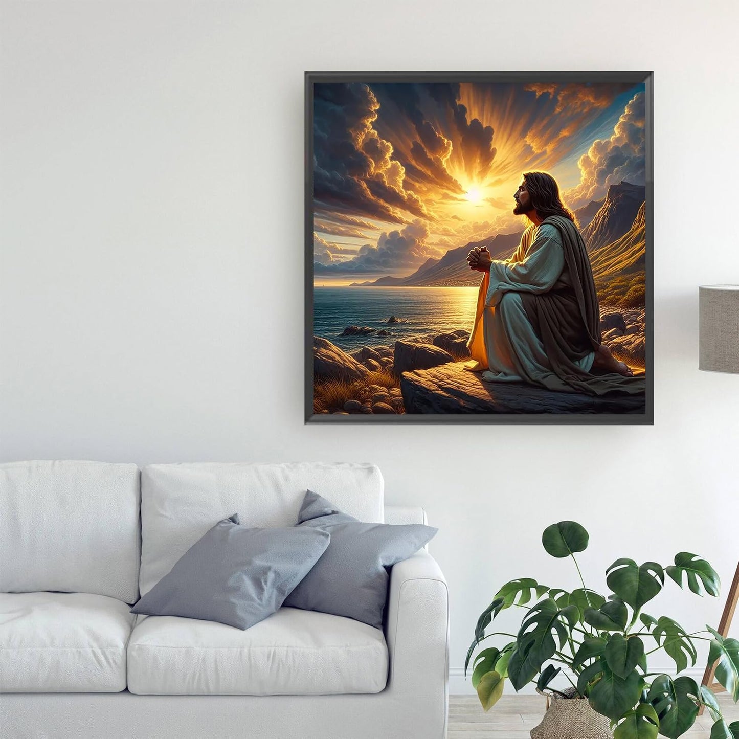 YQFCZDQ Jesus Christ Prayer Diamond Art Kits for Adults,Sunset Landscape 5D Diamond Painting Kits for Beginner,DIY Round Full Drill Diamond Dots Paintings Picture Gem Art&Crafts Home Decor 13.8x13.8in