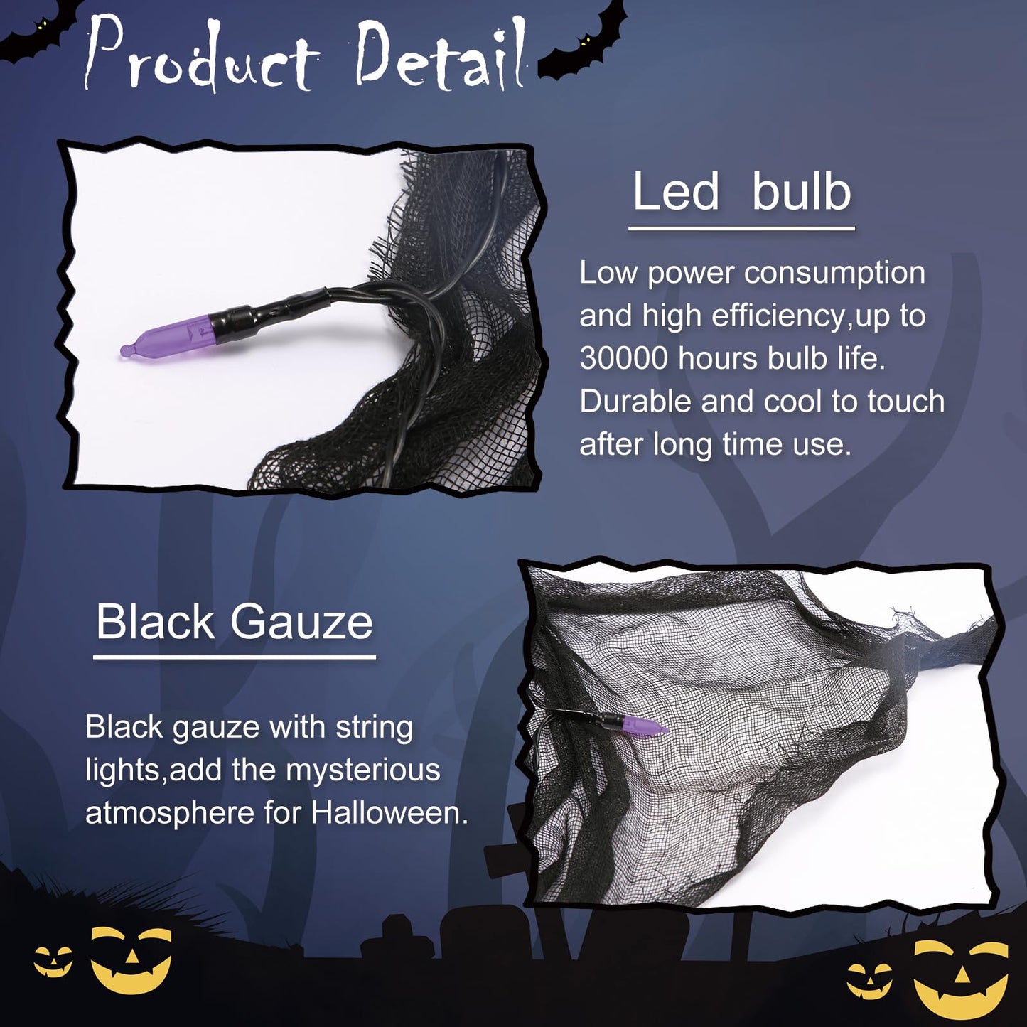 Halloween Decorations Purple String Fairy Lights Indoor, 30LED Black Gauze Halloween Garland, Timer 8 Mode Battery Operated Powered, 9.9Ft Creepy Cloth, Gothic Party Room Mental Fireplace Decor 1PACK
