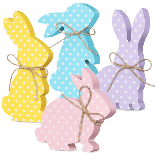 4 Pcs Easter Bunny Table Wooden Signs Bunny Shaped Farmhouse Decor Spring Rabbit Wood Tabletop Decorations Easter Rabbit Dining Room Table Decor Sign with Rope(Macaron Dots)