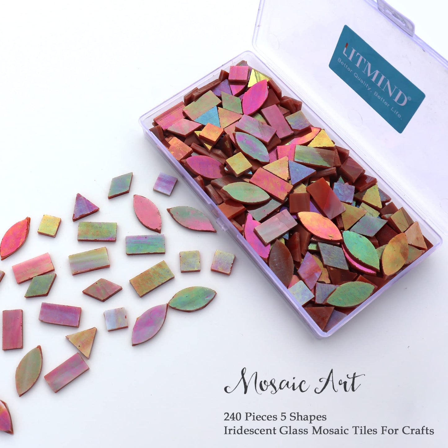 LITMIND Iridescent Glass Mosaic Tiles for Crafts, 240 Pieces 5 Shapes Mixed Stained Glass Pieces, Mosaic Kits for Adults (Iridescent Orange Red)