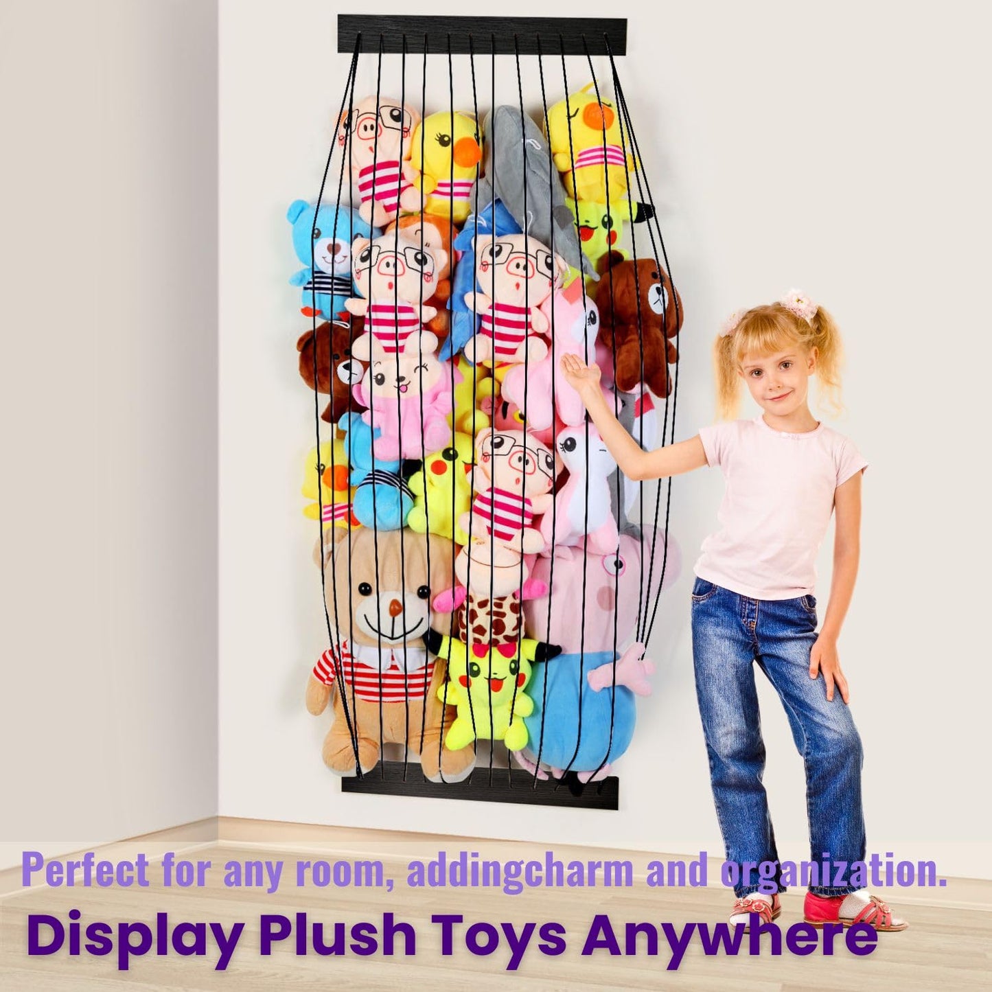 Stuffed Animal Storage Wooden Soft Toy Storage for Kids Room，Wall Mount Door Hanging Stuffed Animal Toy Organizer Shelf for Nursery Play Room Black -Patent