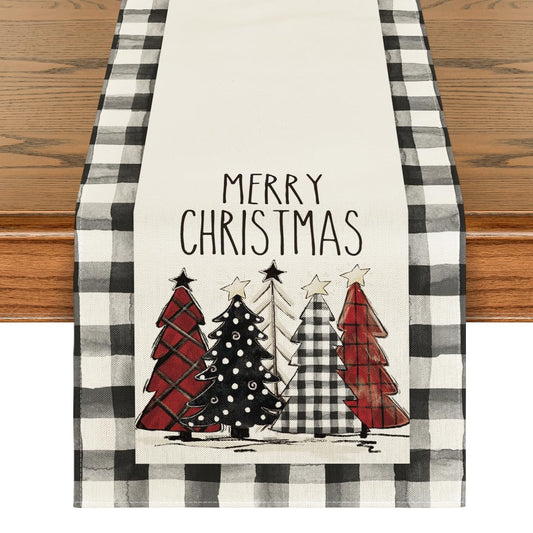 Waterclor Buffalo Plaid Christmas Trees Merry Xmas Table Runner, Seasonal Winter Holiday Kitchen Dining Table Decoration for Indoor Outdoor Home Party Decor 13 x 36 Inch