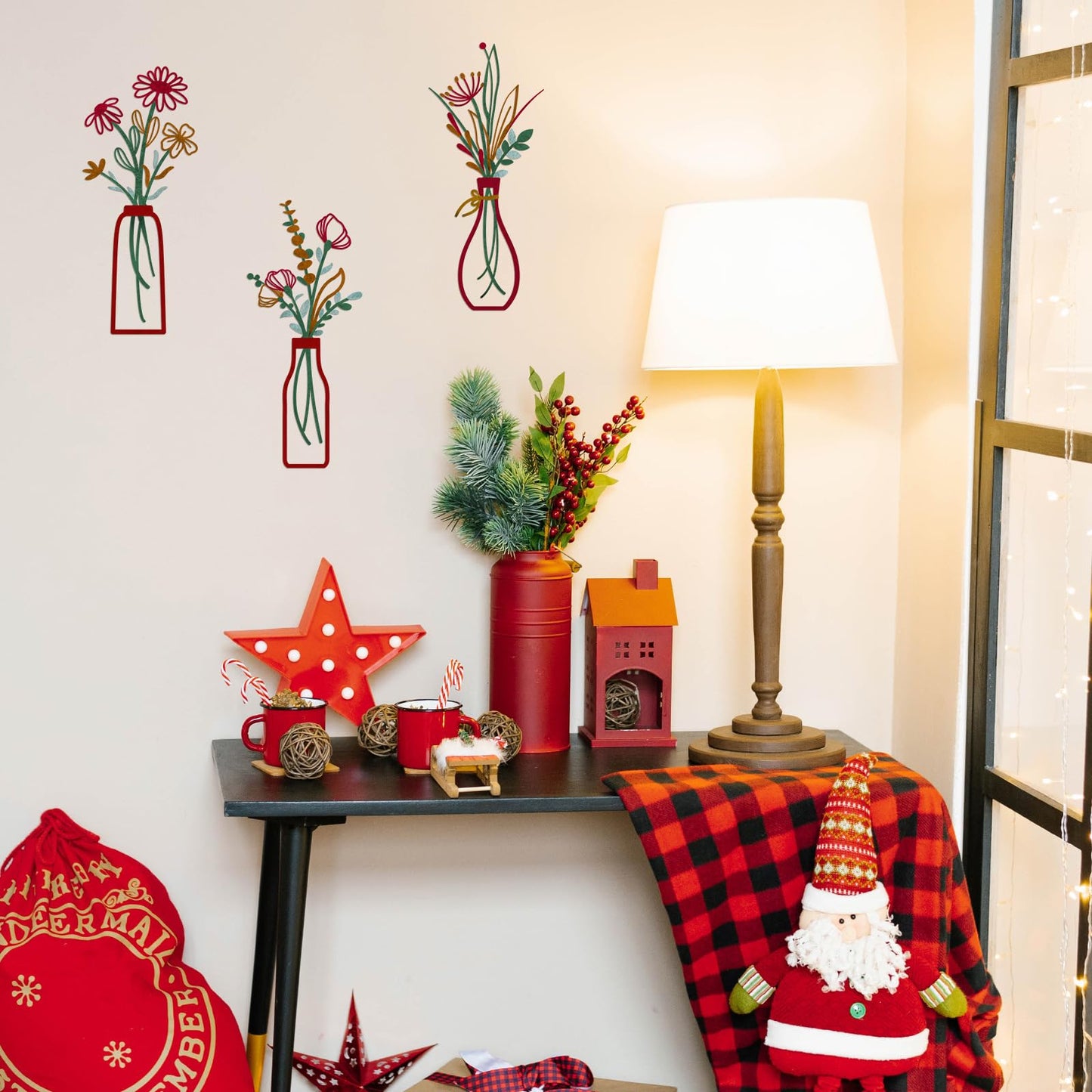 3 Pieces Metal Vase Flowers Wall Arts - Rustic Farmhouse Style Décor Metal Wall Art Black Minimalist Flower Natural Themed Wall Decors for Home Bedroom Dining Room Housewarming (Red, Vase-C)