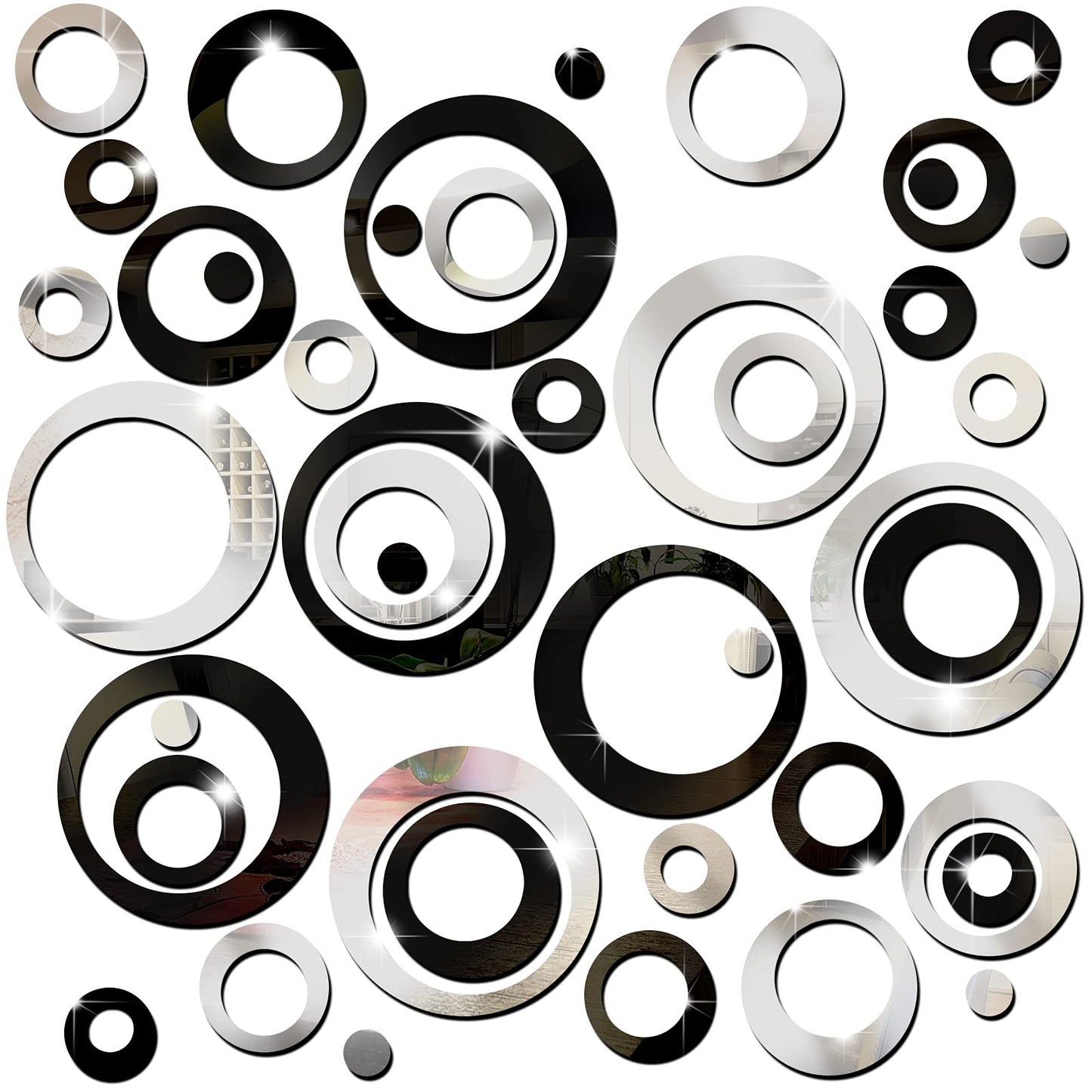 Outus 72 Pieces Wall Stickers Acrylic Circle Mirror Removable Round Dots Mirror Wall Decoration Wall Decals Murals for Home Living Room Bedroom Decor(Silver, Black)
