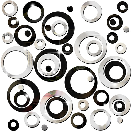 Outus 72 Pieces Wall Stickers Acrylic Circle Mirror Removable Round Dots Mirror Wall Decoration Wall Decals Murals for Home Living Room Bedroom Decor(Silver, Black)