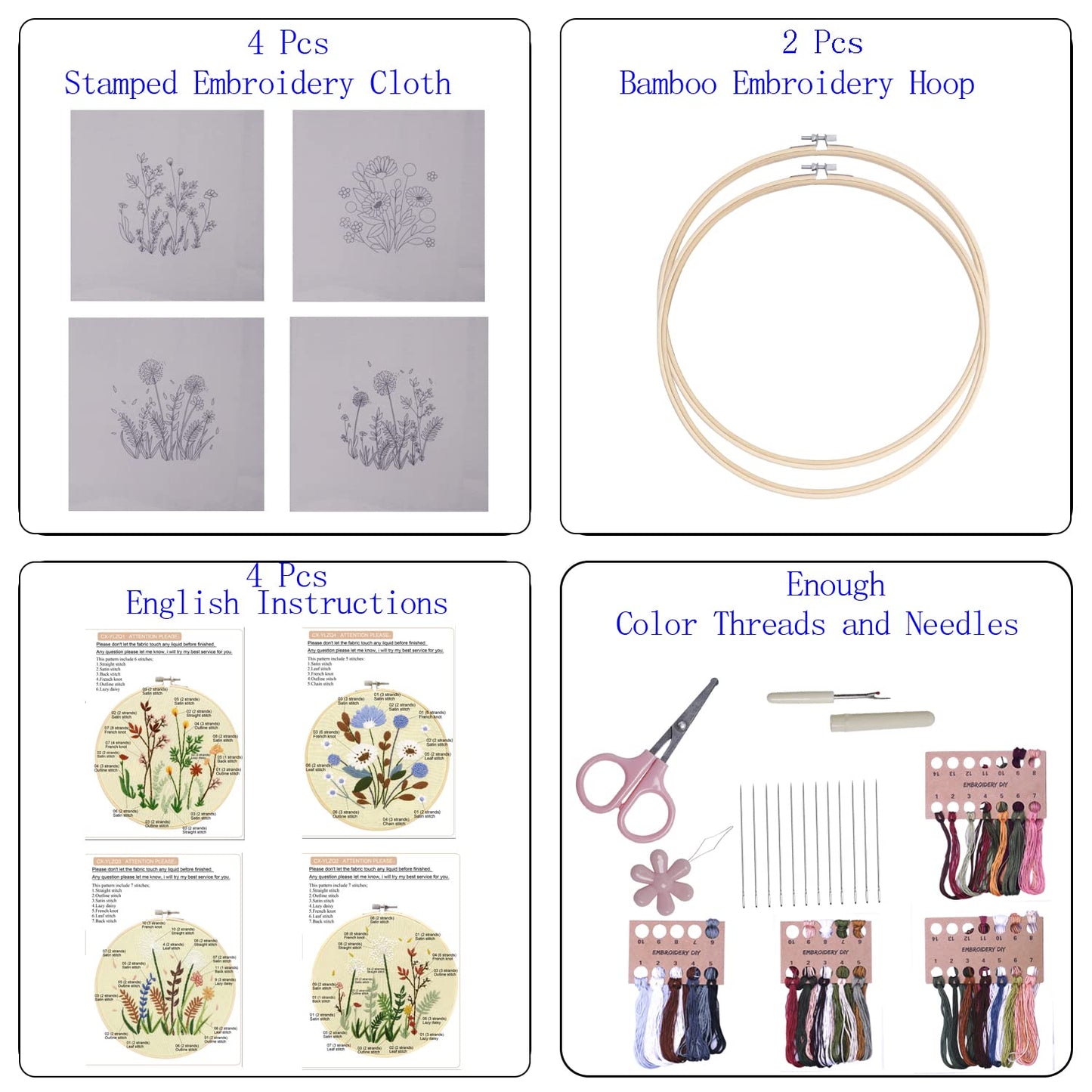 4 Sets Embroidery Set for Beginners, Art Craft, Easy Sewing Embroidery Kit Includes Embroidered Clothes with Patterns, Embroidery Hoops, Instruction Manual, Colorful Stitch Set (2 Most)