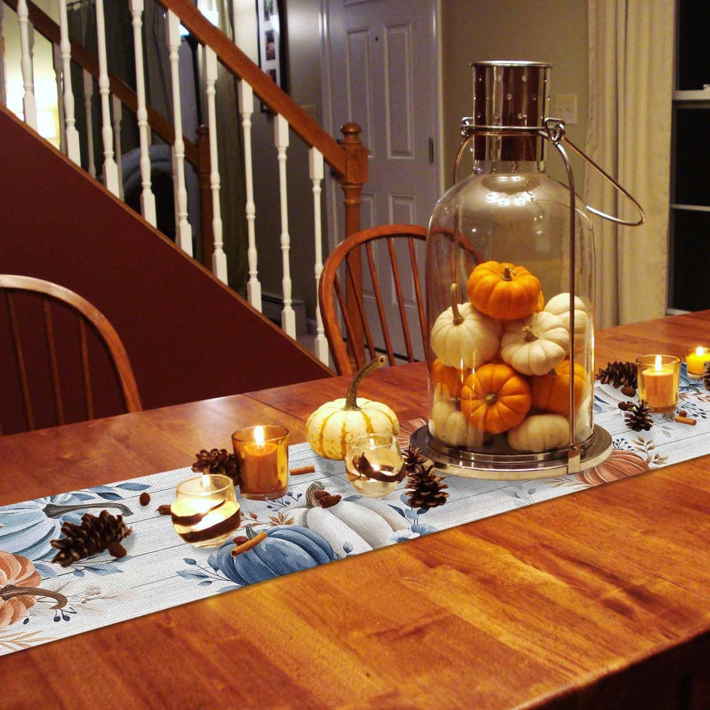 Fall Table Runner Blue Pumpkin Table Runners for Dining Room Leaves Floral Wood Grain Dinner Runner Thanksgiving Kitchen Decor 13" x 72"