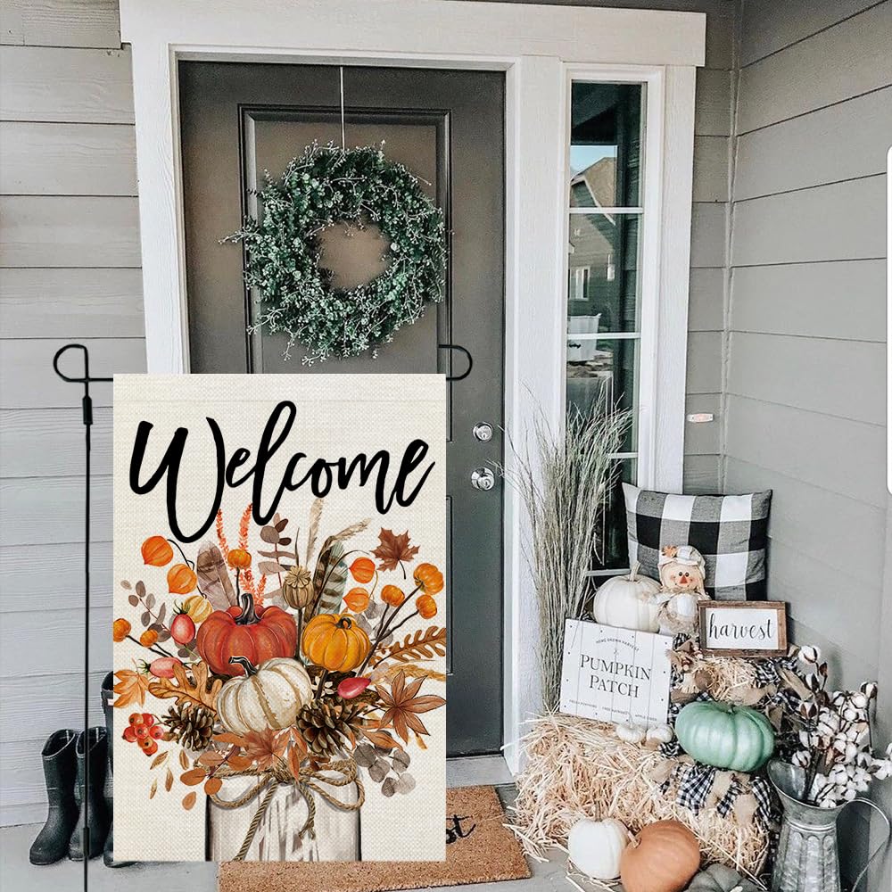 CROWNED BEAUTY Fall Pumpkin Mason Jar Garden Flag for Outside 12x18 Inch