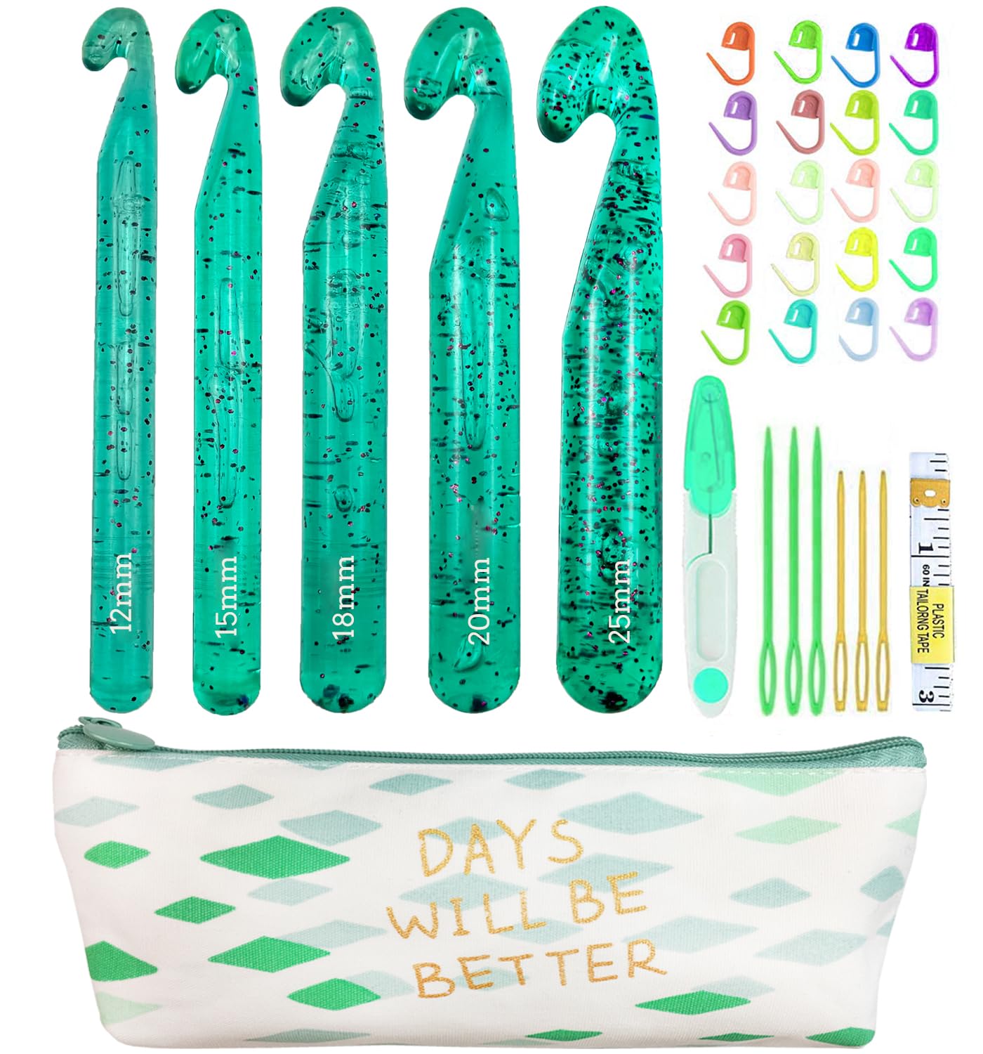 Weabetfu 5 Large Crochet Hook,25mm 20mm 18mm 15mm 12mm Size Crochet Hooks, Large Crochet Hook for Chunky Yarn,24PCS Big Crochet Hooks,10mm-25mm Crochet Needles with Case (Green)
