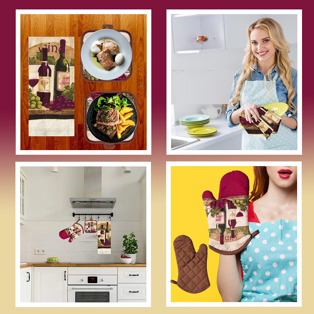 Lobyn Value Packs - Wine Lover’s Kitchen Set: 5 Pieces with Grape & Wine Bottle Motif, includes 2 Artistic Dish Towels, Oven Mitt, and 2 Quilted Potholders