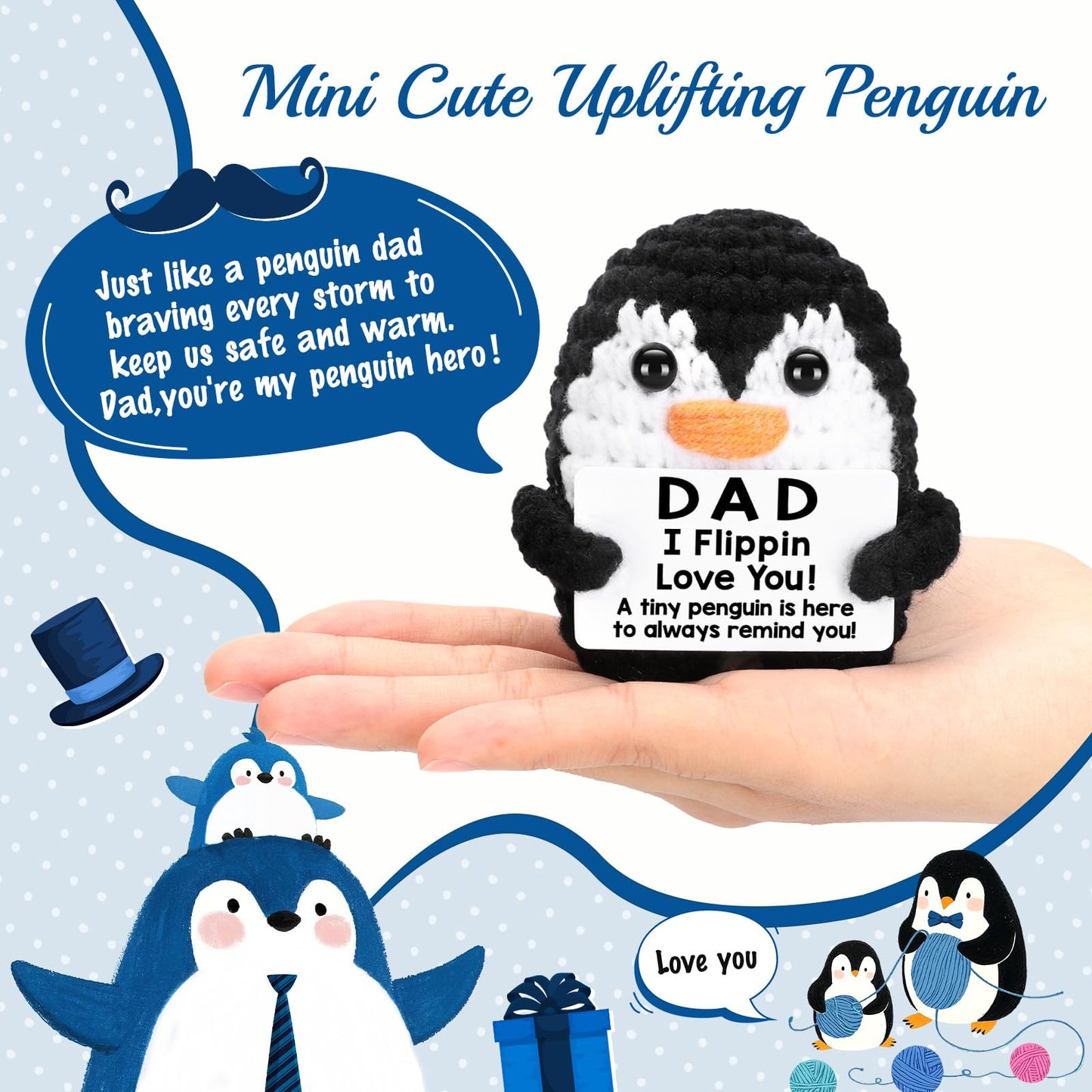 Fathers Day Dad Gifts from Daughter Son Birthday, Handmade Crochet Penguin Father's Day Dad Birthday Gifts, Mini Funny I Love You Gift for Dads Bonus Step Daddy Father Mens Positive Cute Decor