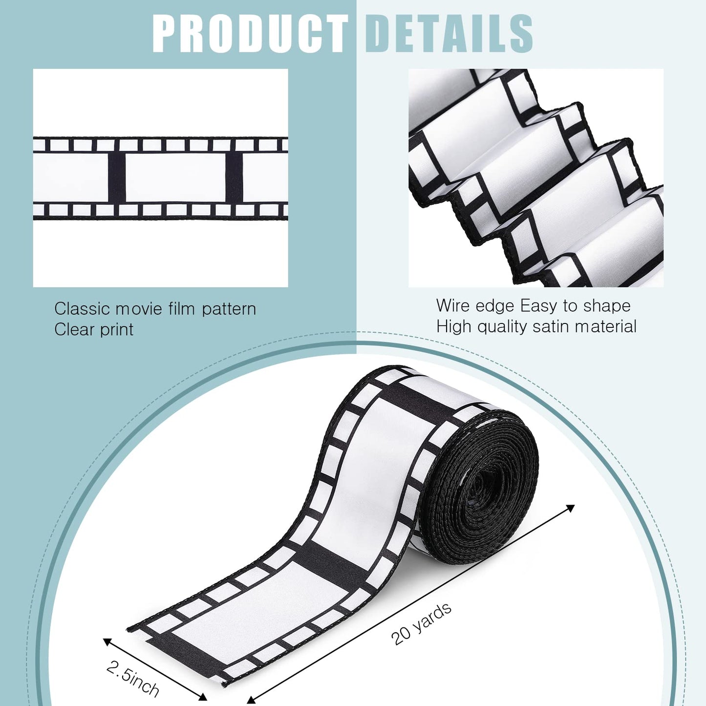 Chivao 2.5 Inch 20 Yards Filmstrip Ribbon Movie Film Reel Ribbon Filmstrip Decorating Material Party Accessory for Movie Party Table Decor Home DIY Wrapping Wreaths Crafts(1 Roll)