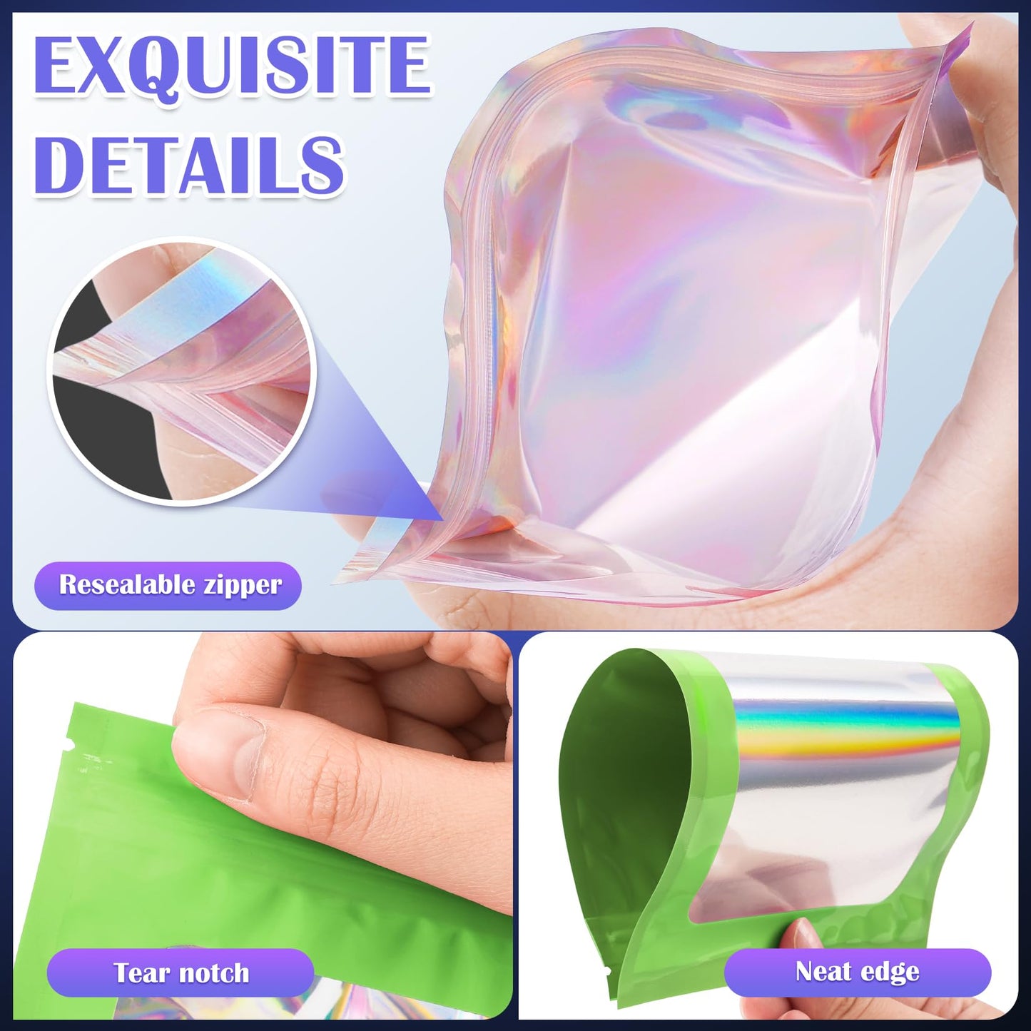 JETMORE 300 Pcs Mylar Bags, Smell Proof Bags Foil Pouch, Holographic Resealable Bags for Small Business, Candy Sample Jewelry Bag Sealable Packaging for Party Favor Food Storage (2.4x3.9in-Green)