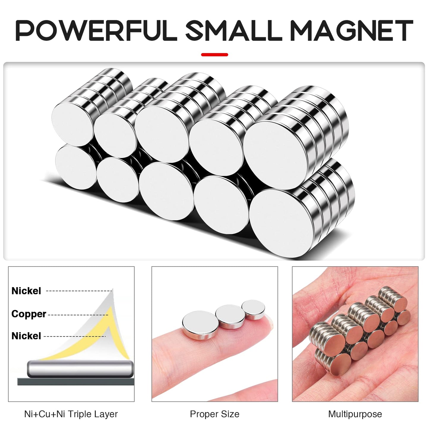 VSKIZ 50Pcs Fridge Magnet, 3 Different Size Small Magnets, Rare Earth Magnet Strong Neodymium Magnets for Whiteboard Crafts DIY Office