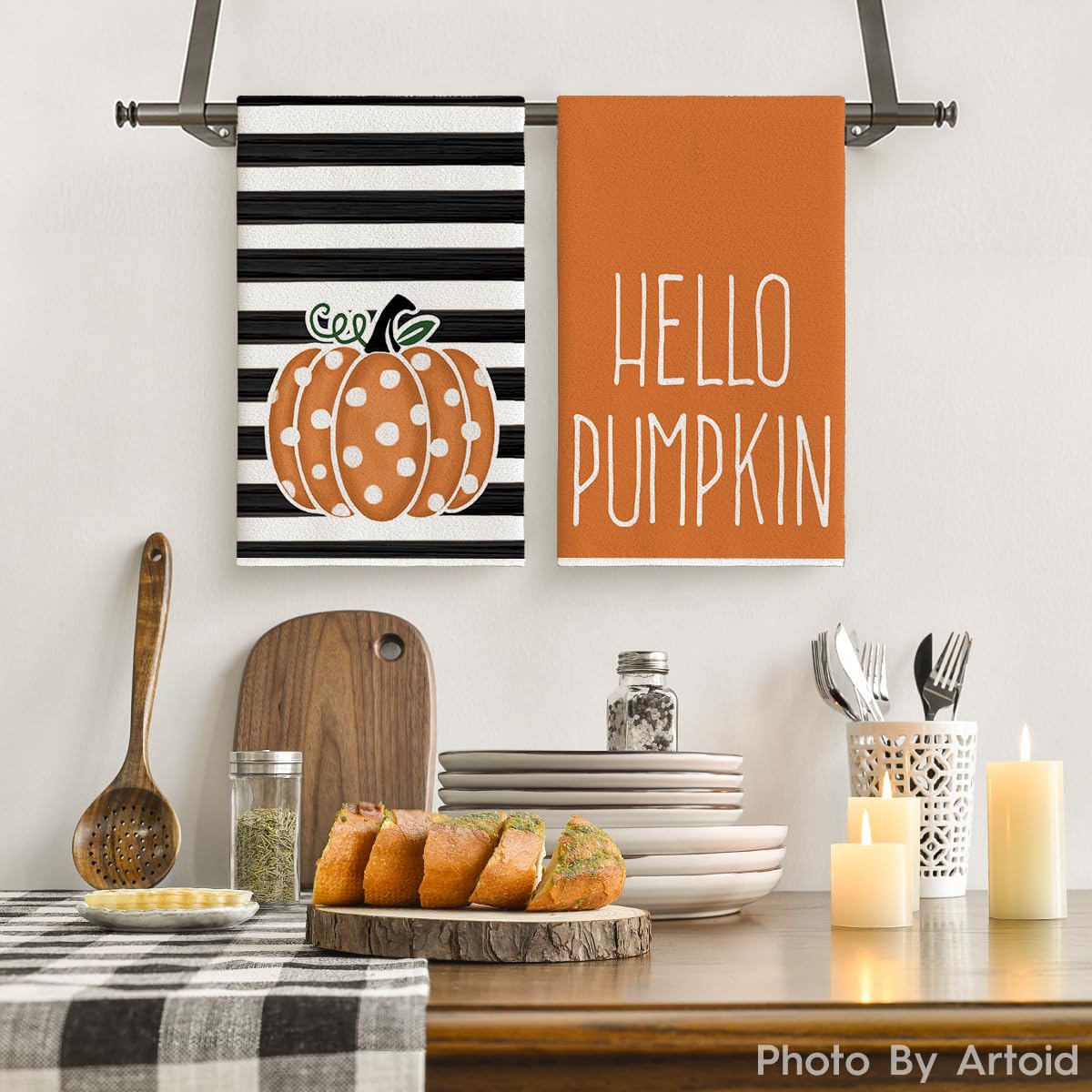 Artoid Mode Orange Polka Dot Stripes Hello Pumpkin Fall Kitchen Towels Dish Towels, 18x26 Inch Farmhouse Decoration Hand Towels Set of 2