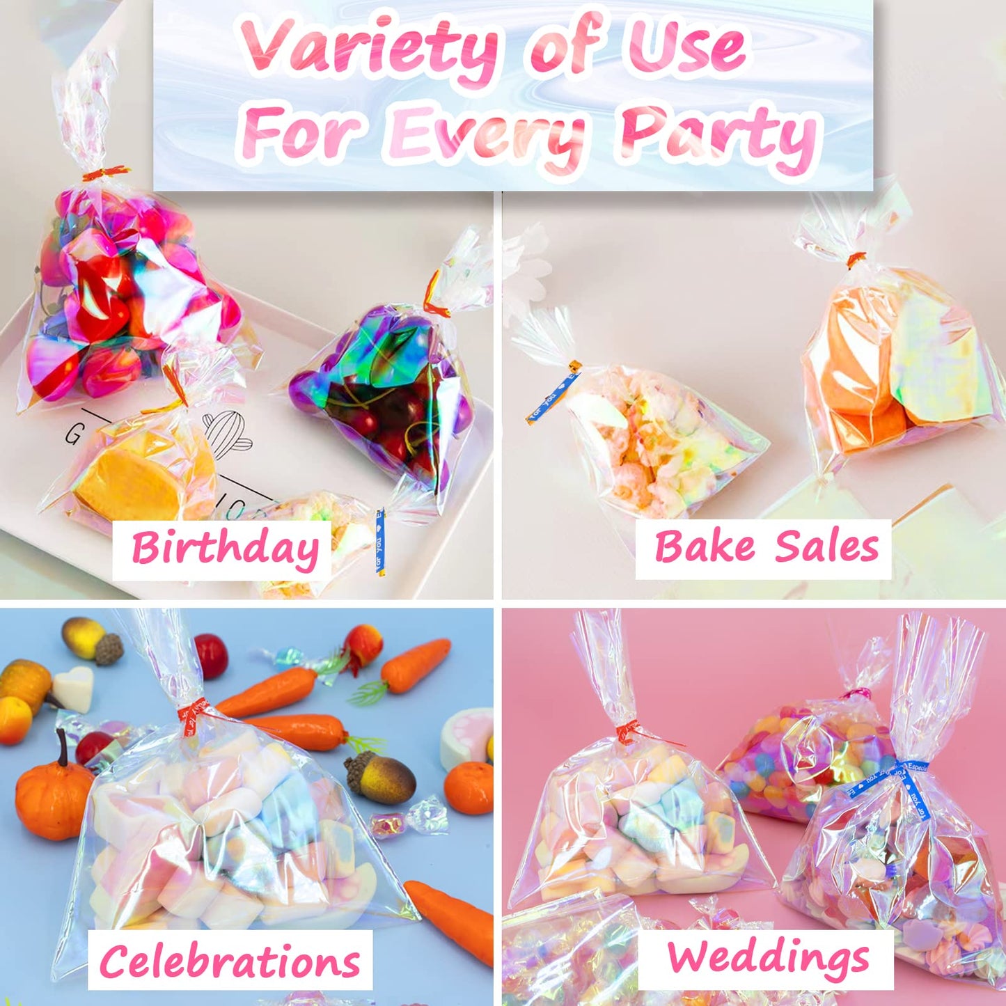 Ctoiotc Easter Cellophane Treat Bags,5x7 Inch Iridescent Holographic Candy Goodie Bags with 5 Colors Pieces Twist Ties for Birthday Party Favors, Easter, Weddings, Christmas, Valentines