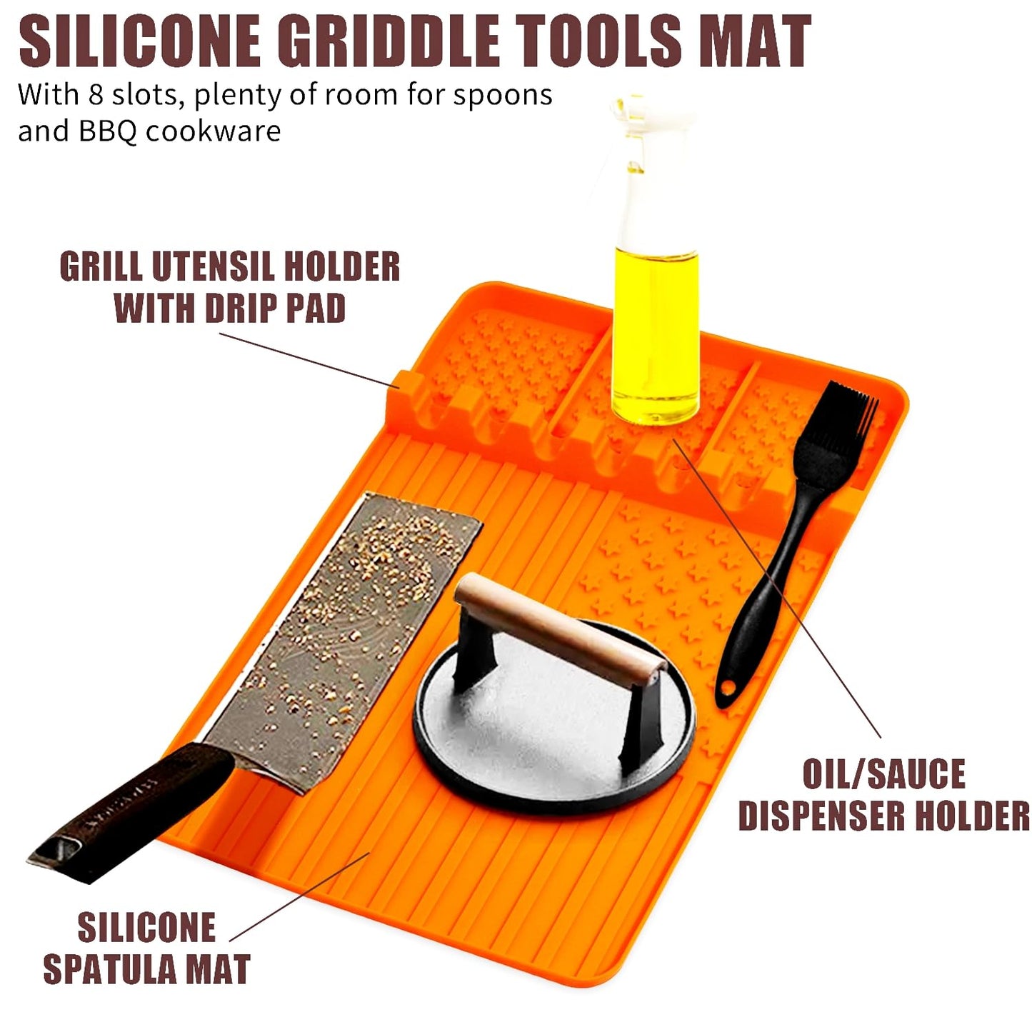 2 PCS Silicone Grill Mat Compatible with Blackstone, BBQ Griddle Tools Mat with Drip Pad, Spatula Mat for Outdoor Kitchen Counter, Gifts for Men (orange-2)