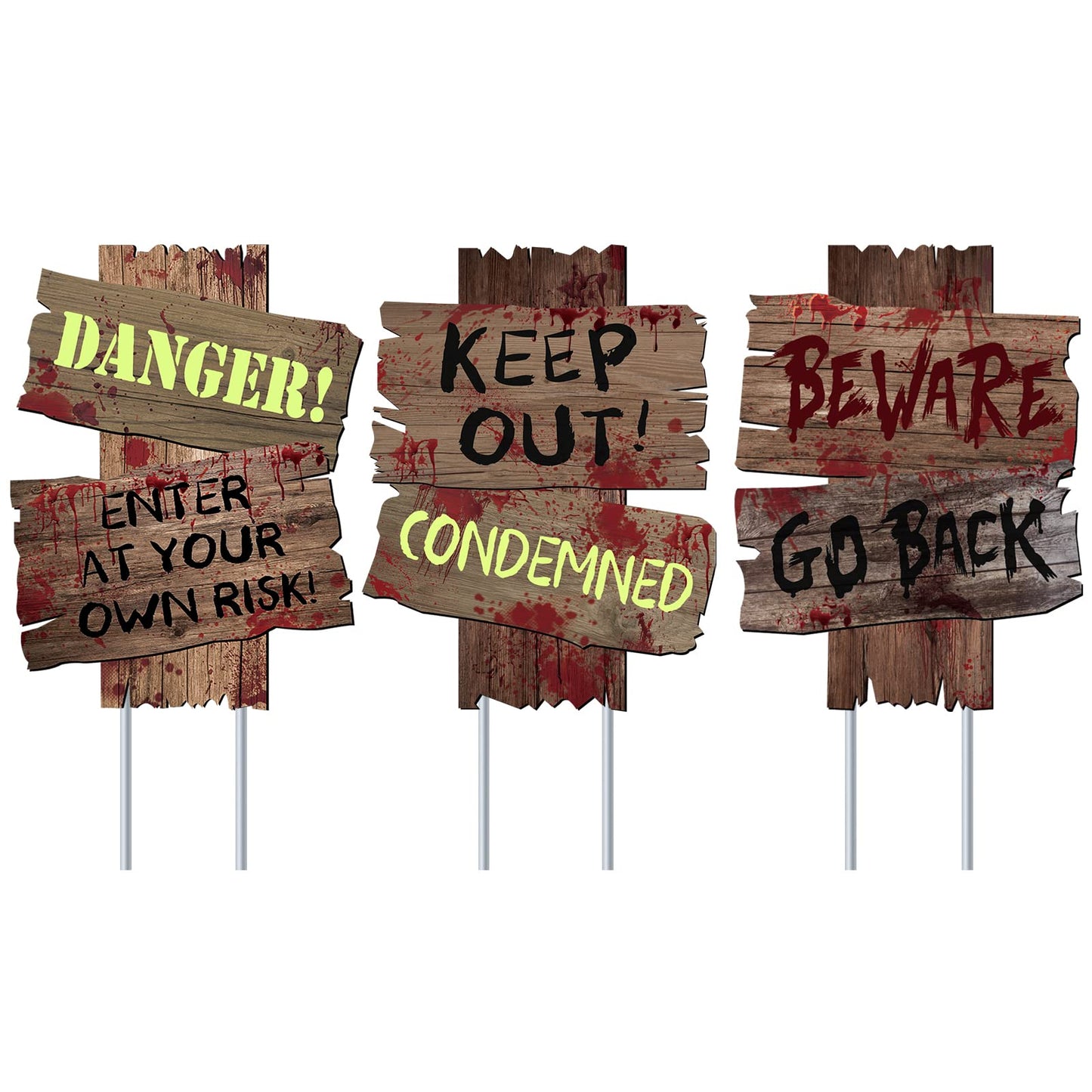 GABOSS Halloween Decorations Beware Signs Yard Stakes Outdoor Creepy Assorted Warning Sign,Scary Zombie Theme Party Decor Supplies,3 Pieces,12 Inch x 9 Inch
