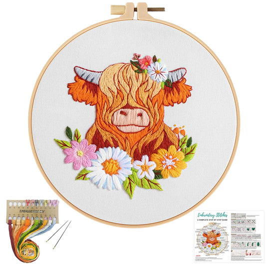 Louise Maelys Highland Cow Embroidery Kits for Beginners,Cross Stitch Kit for Adults,DIY Needlepoint for Starters Including Cloth Hoop Needles Instruction and Threads