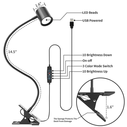 Arts Desk Lamp,USB Clip On Light,3 Color Modes,10 Brightness Levels,360° Gooseneck LED Reading Light,Eye-Care for Home Office,Headboards, Black
