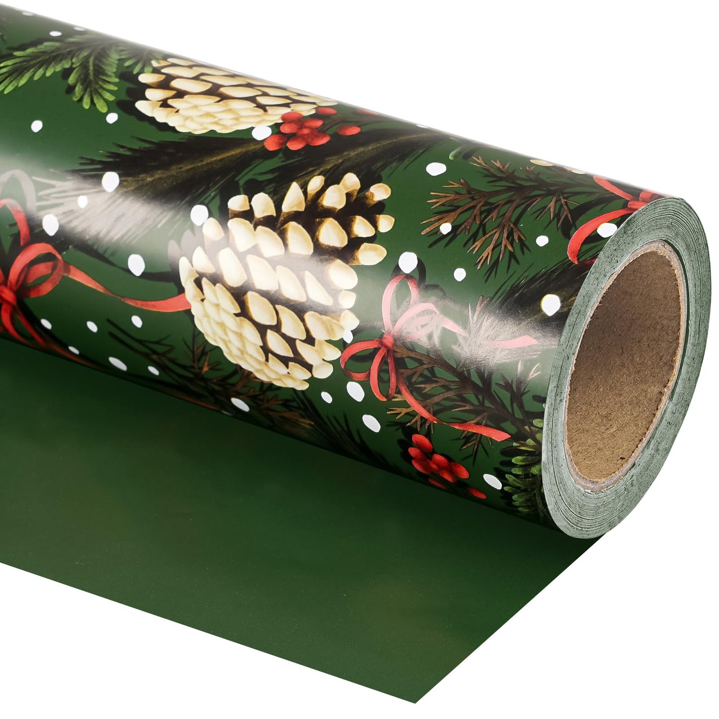 Reversible Green Christmas Wrapping Paper - Mini Roll - 17 Inch x 33 Feet - Pinecones with Red Bow Wrapping Paper and Solid Green for Xmas Holiday, Party Celebration