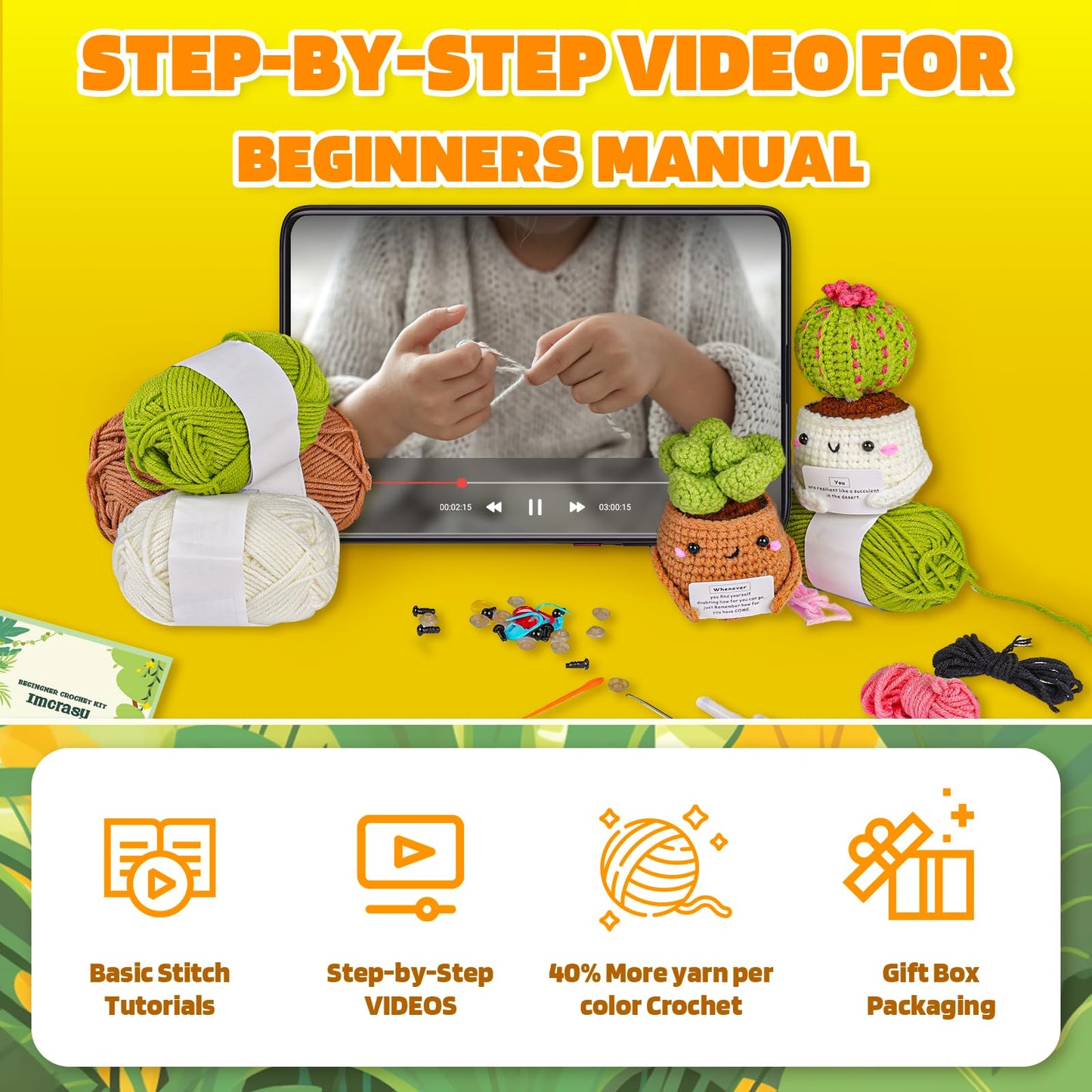 Imcrasy Beginner Emotional Support Succulent Crochet Kit with Step by Step Video Lessons | 4 PC Succulent Crochet Kit with Accessories (40%+ Yarn)