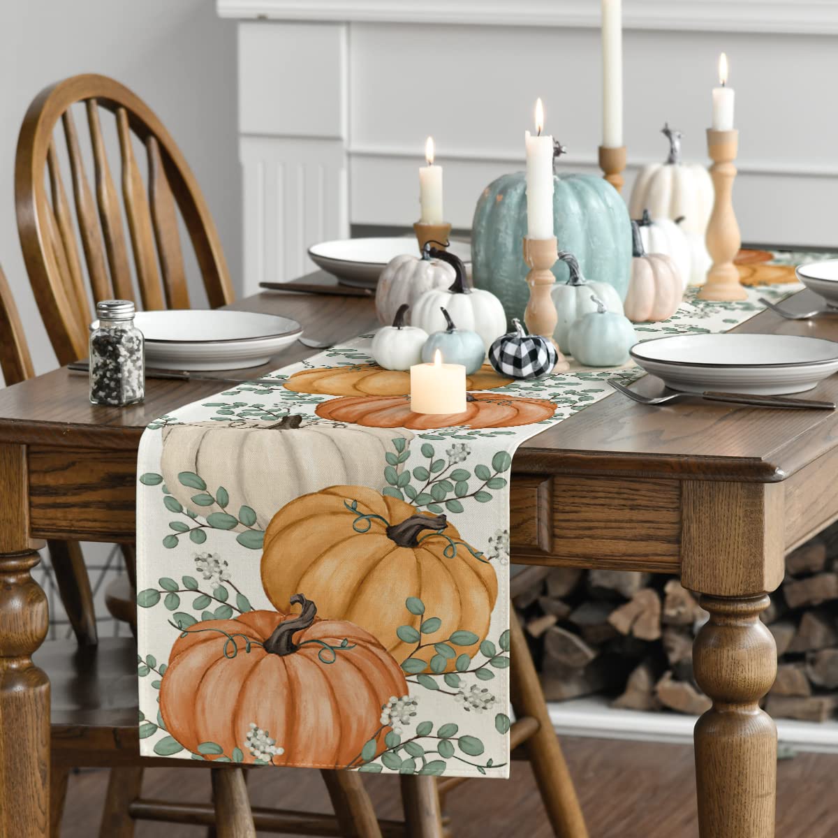 Artoid Mode Orange Pumpkins Eucalyptus Leaves Fall Table Runner, Autumn Thanksgiving Kitchen Dining Table Decoration for Home Party Decor 13x72 Inch