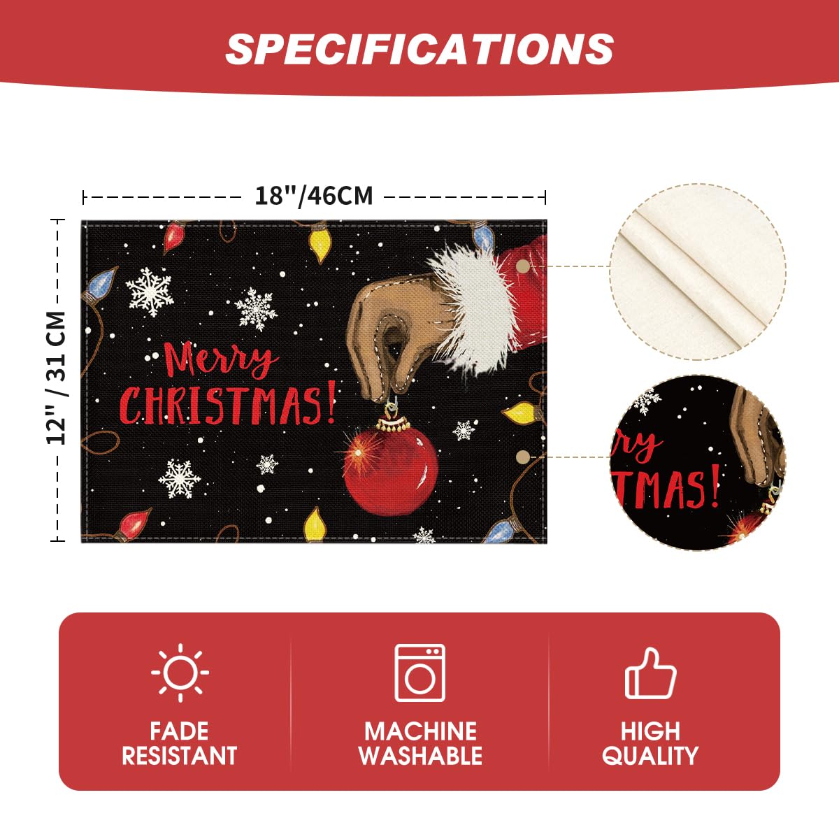 Xmas Ball Merry Christmas Placemats Set of 4, 12x18 Inch Seasonal Winter Holiday Black Table Mats for Party Kitchen Dining Decoration