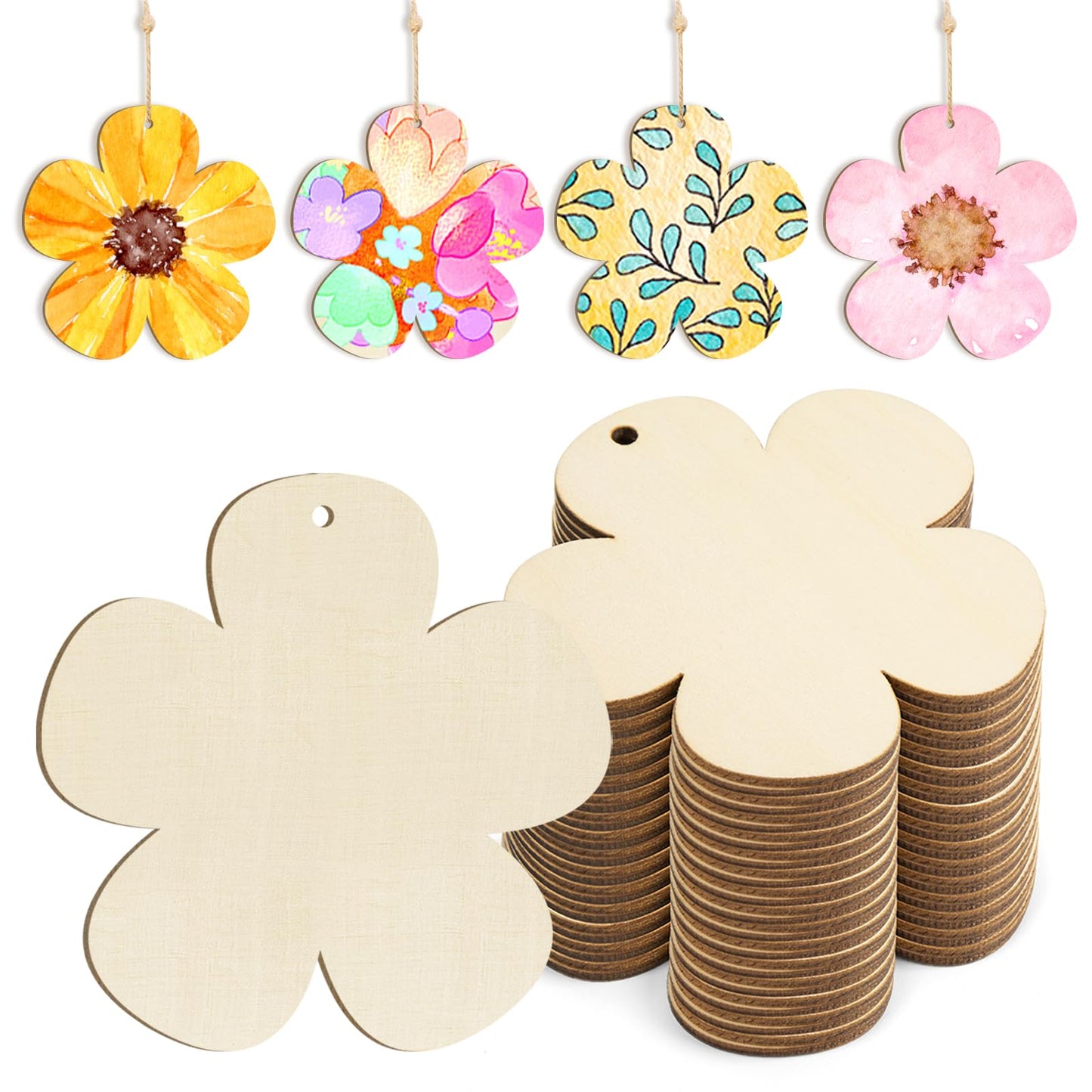 Wooden Flower Ornaments to Paint Spring Decoration Cutouts Unfinished 24PCS 3.5 x 3 inches, DIY Blank Unfinished Pumpkin Wood Discs Ornament for Home Crafts Hanging Easter St.Patricks Day Decoration