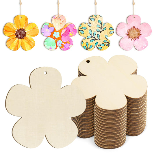 Wooden Flower Ornaments to Paint Spring Decoration Cutouts Unfinished 24PCS 3.5 x 3 inches, DIY Blank Unfinished Pumpkin Wood Discs Ornament for Home Crafts Hanging Easter St.Patricks Day Decoration