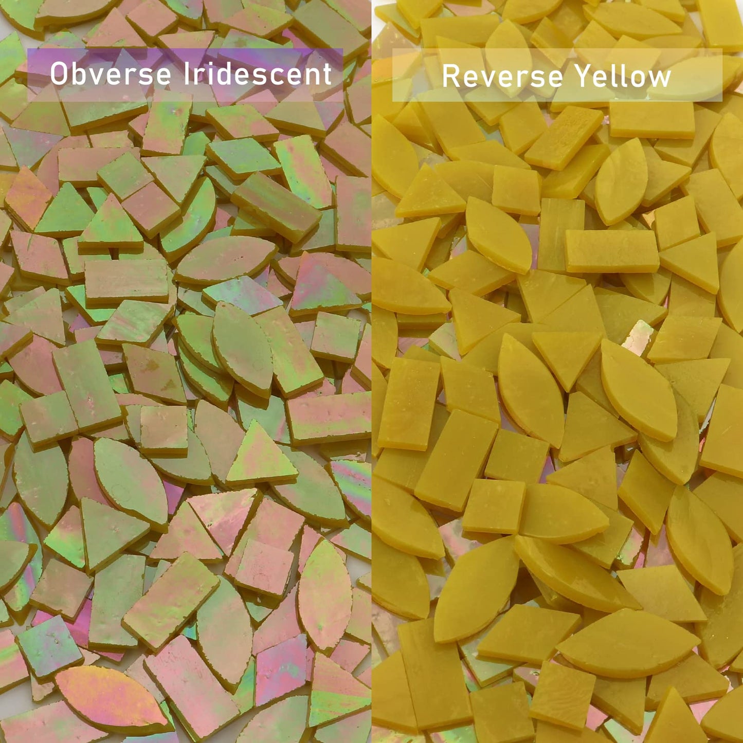 LITMIND Iridescent Glass Mosaic Tiles for Crafts, 240 Pieces 5 Shapes Mixed Yellow Stained Glass Pieces, Mosaic Kits for Adults (Iridescent Yellow)