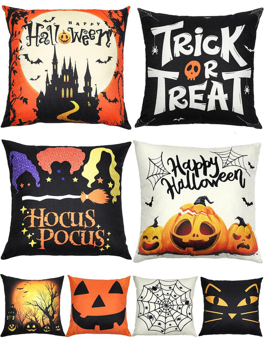 Halloween Decorations Set Of 4 Double-Sided Print Pillow Covers 20" x 20", with 8 Cute Halloween Decor Patterns, Elegant Invisible Zipper, Soft Linen Throw Pillow Covers for Outdoor & Indoor Use