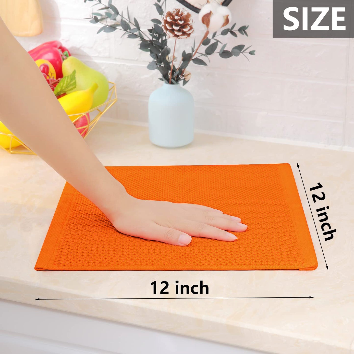 100% Cotton Waffle Weave Kitchen Dish Cloths, Ultra Soft Absorbent Quick Drying Dish Towels, 12 x 12 Inches, 6-Pack, Orange
