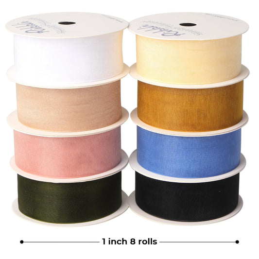 8 Rolls Organza Ribbon 1 Inches Total 80 Yard White Ivory Champagne Gold Rose Gold Dusty Blue Moss Black Sheer Ribbon for Gift Wrapping,Cookie Wrapping,Wedding Decoration