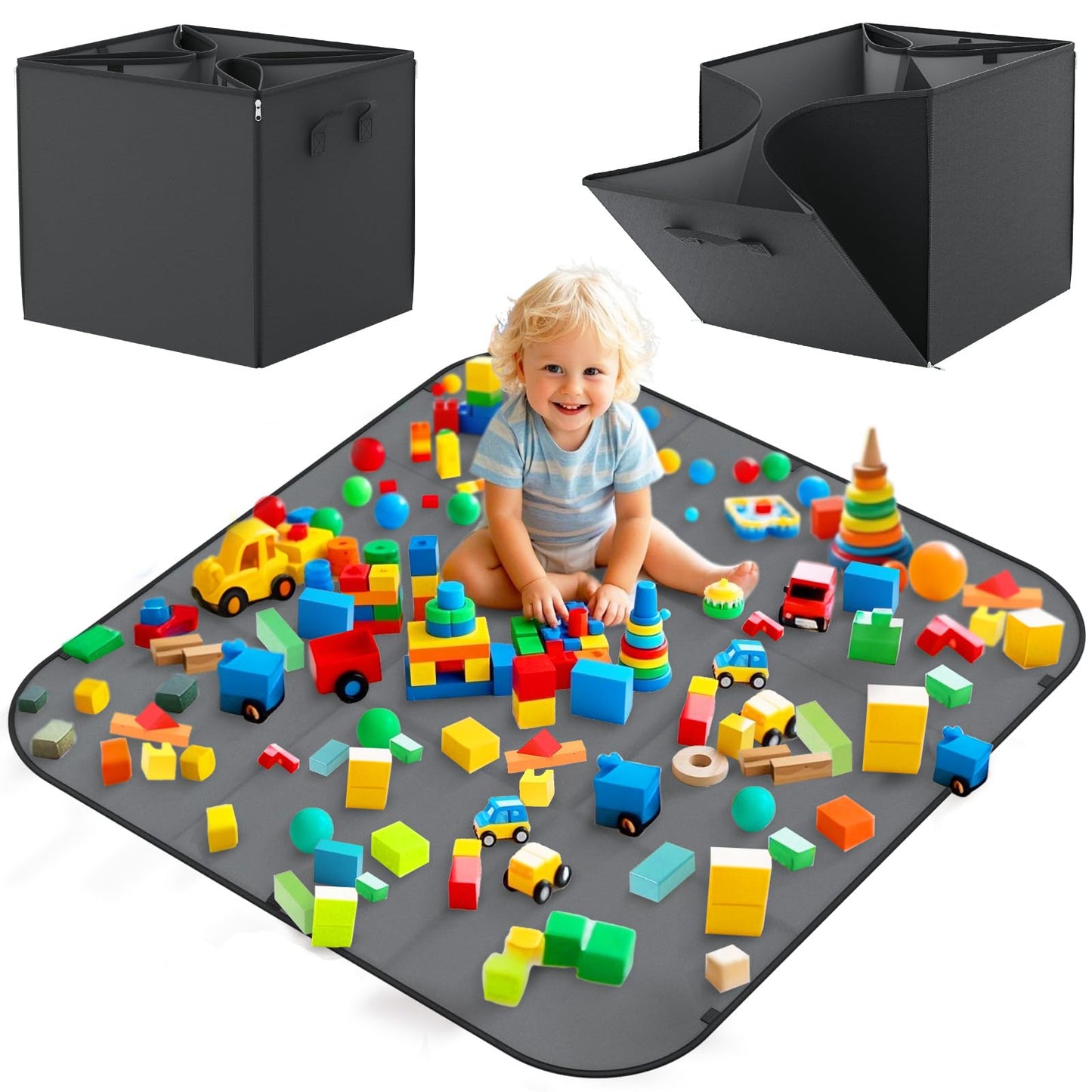 Toy Storage Organizer & Play Mat 43.3", Large 15×13×13" Collapsible Storage Cube Bin with Handles for Building Bricks, Boys, Girls, Playroom, Nursery (M, Black)