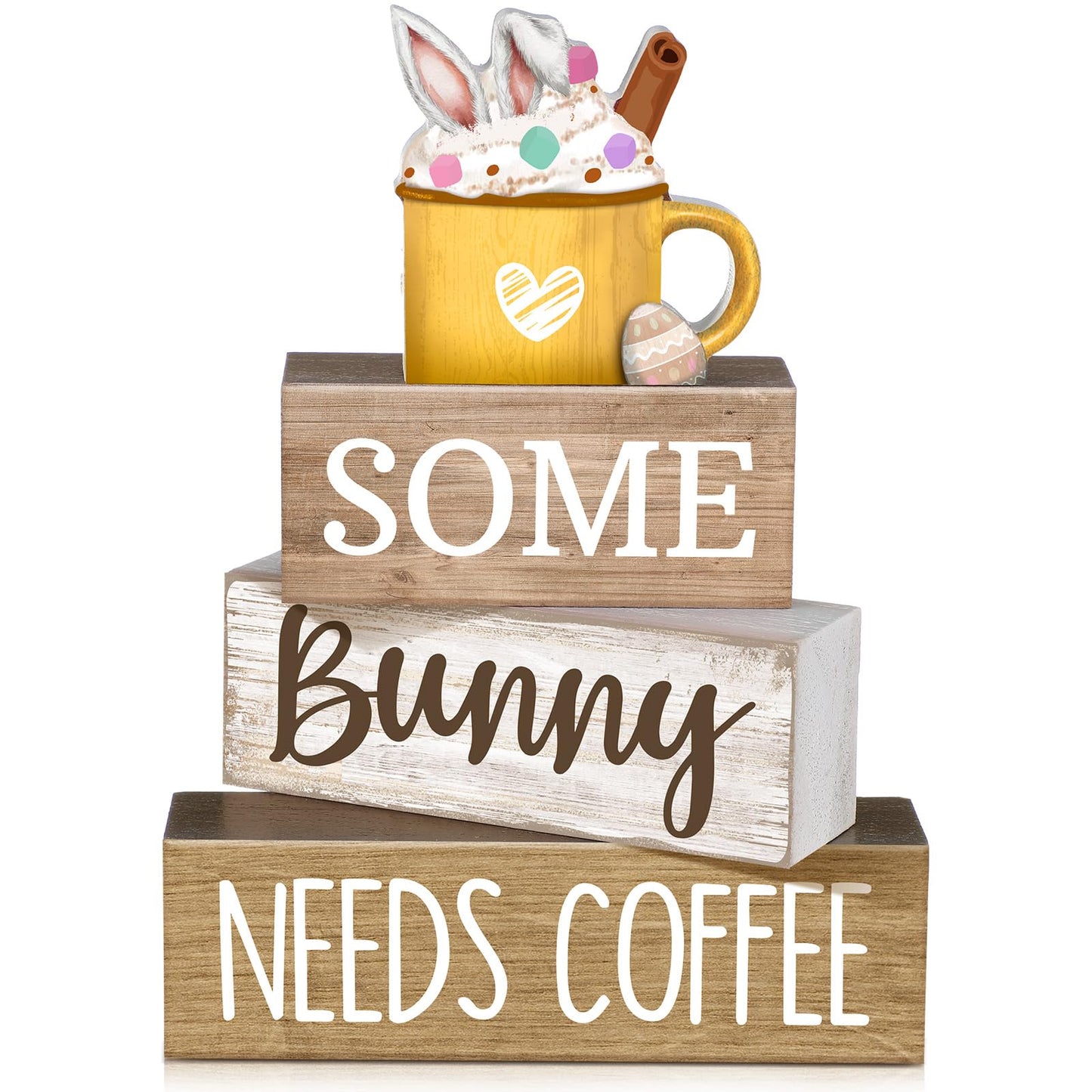 4 Pcs Easter Table Decorations Wooden Coffee Bunny Tiered Tray Decor Happy Easter Centerpiece for Tables Decorative Rabbit Block Signs Gifts Farmhouse Rabbit Decor for Home Kitchen Shelf