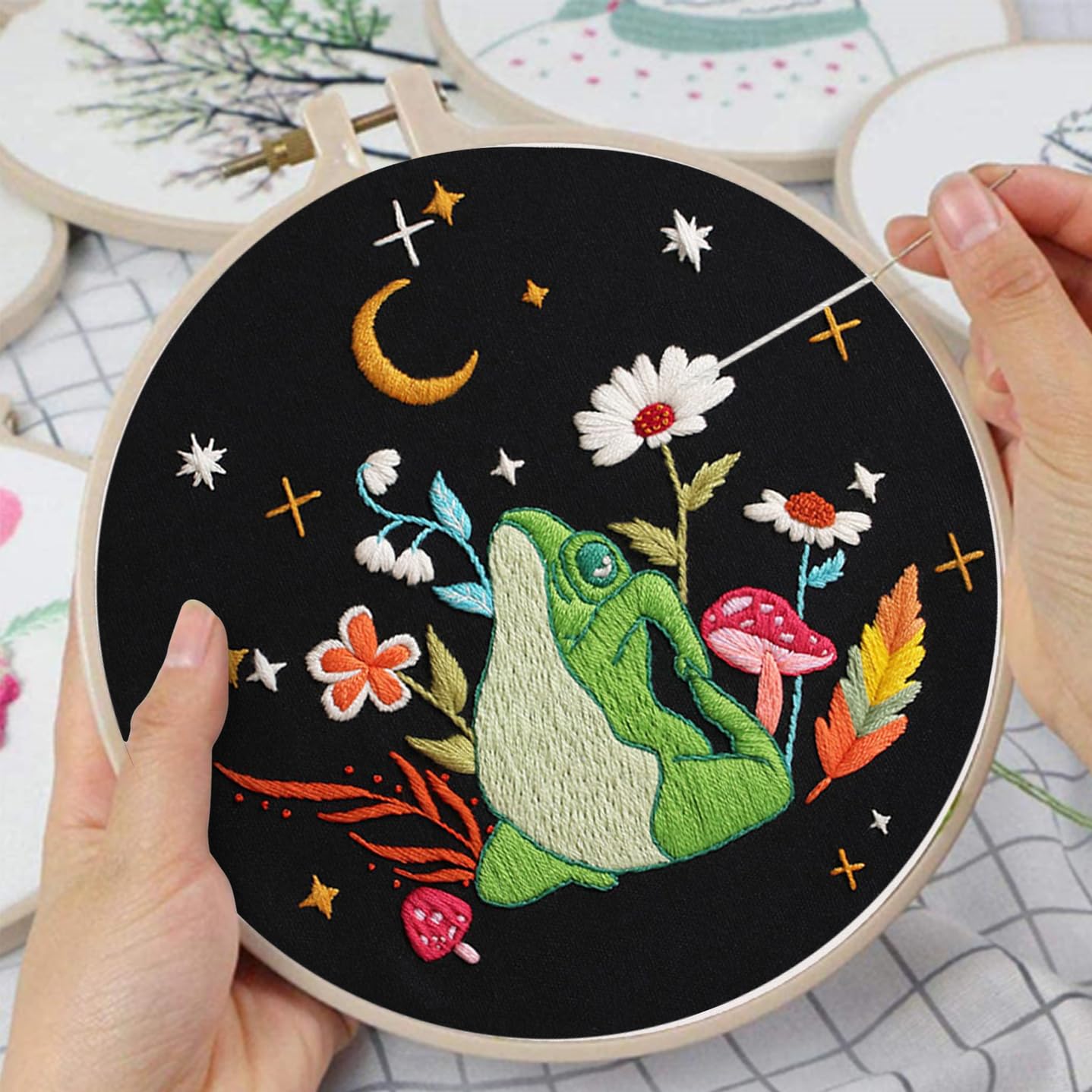 4 Set Frog Embroidery Kits for Beginners,Cross Stitch Kit for Adults,Starters DIY Needlepoint Including Embroidery Cloth with Art Mushroom Pattern and Instructions