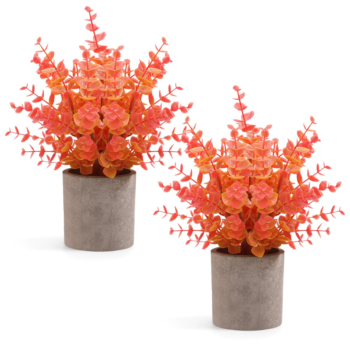 Coferset 2 Pack Small Fake Plants Eucalyptus Potted,Fall Orange