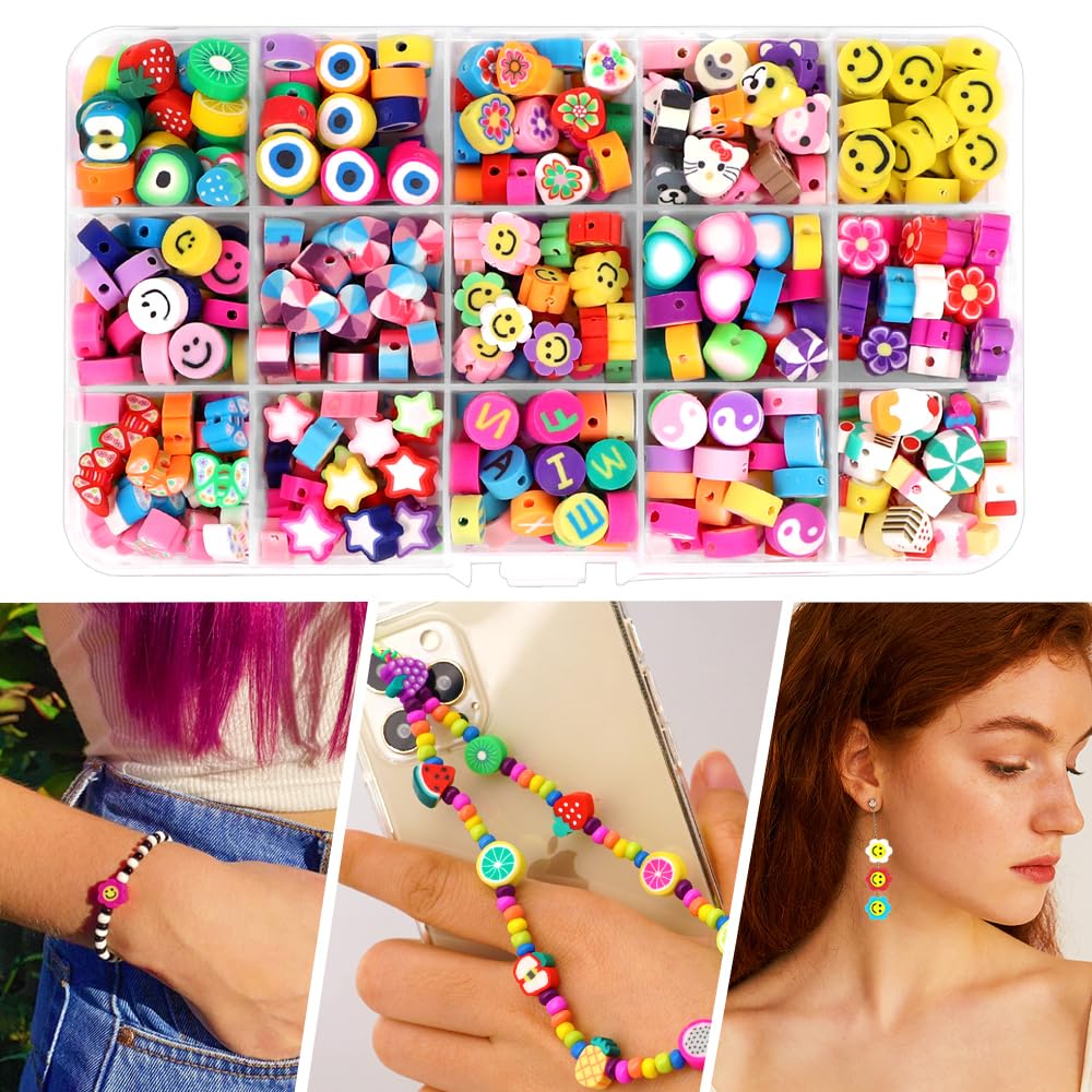 DULEFUN 300PCS Clay Beads Charms,Fruit Flower Letter Beads Soft Beads for Women Girls Bracelet Making DIY Bracelet Necklace Earring Accessories with 4m Crystal Elastic String