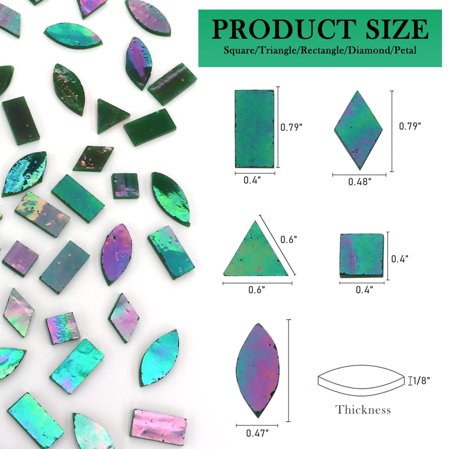 LITMIND Iridescent Glass Mosaic Tiles for Crafts, 240 Pieces 5 Shapes Mixed Green Stained Glass Pieces, Mosaic Kits for Adults (Iridescent Green)