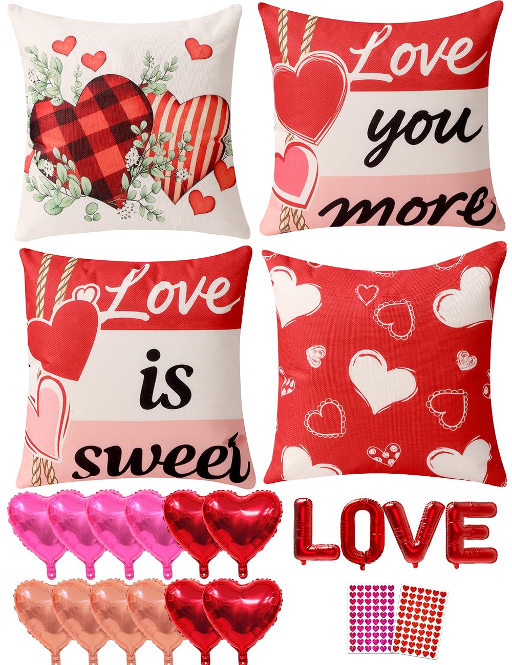 Valentine Decorations Set of 4 Double-Sided Valentine's Day Throw Pillow Covers 20" x 20", Reversible 8 Designs, with 16 pcs Heart & Love Balloons, Stickers, Complete Valentines Decor Kit