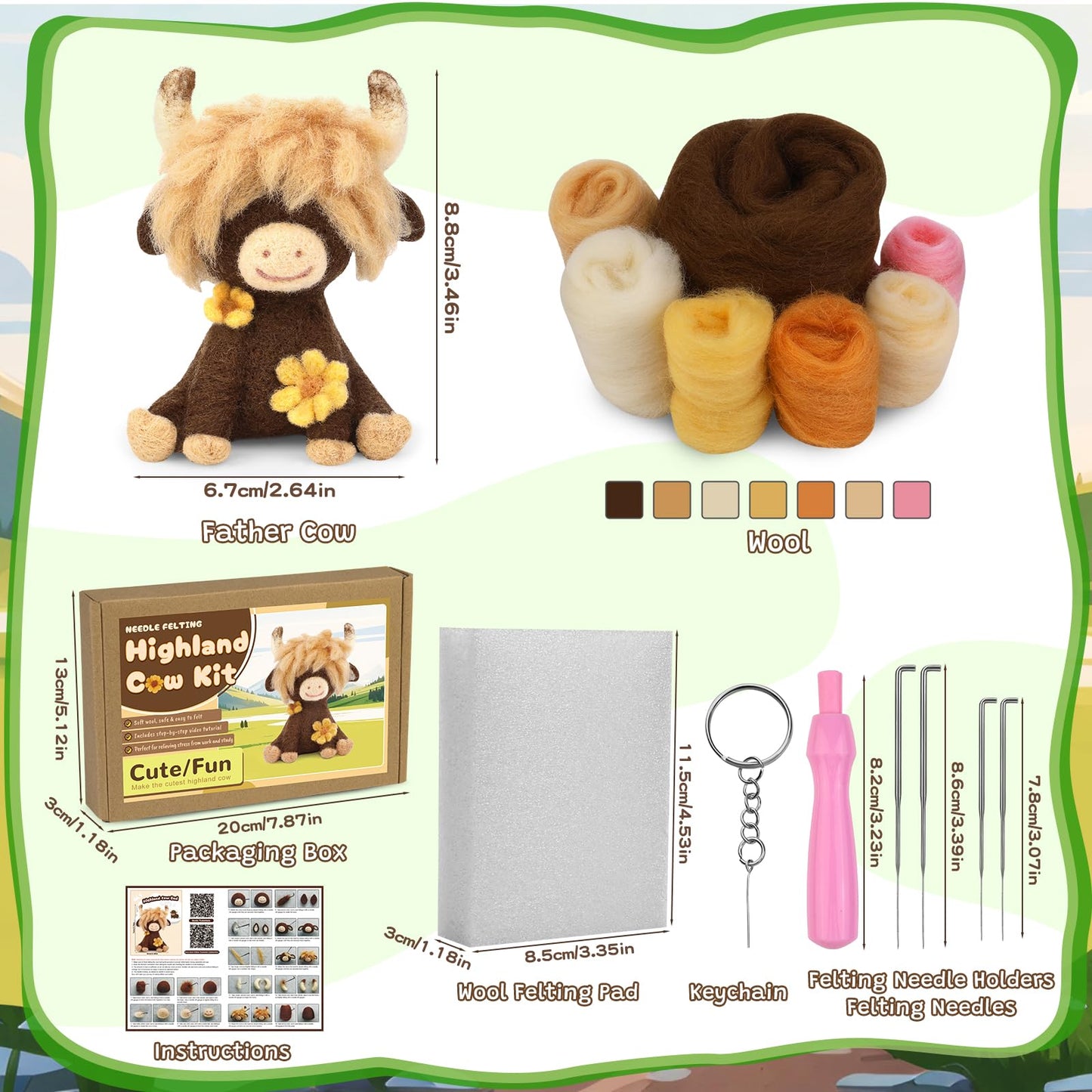 Needle Felting Kit, Highland Cow Needle Felt Beginner Kits with Instruction, Wool, Felting Needles, Felting Pad, Wool Felting Kit for Beginners Home Decoration