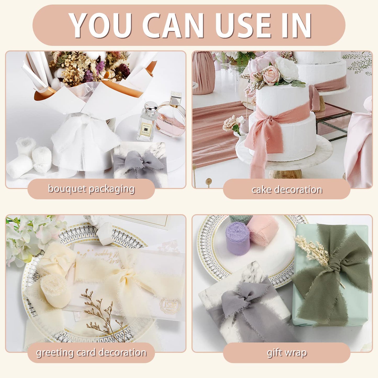 Chiffon Ribbon Fringe Silk Ribbon 9 Rolls Handmade Frayed Edges Ribbon 1.5 Inch x 3 Yard Fabric Boho Ribbon for Gift Wrapping Wedding Invitations Decoration DIY Craft Bridal Bouquets