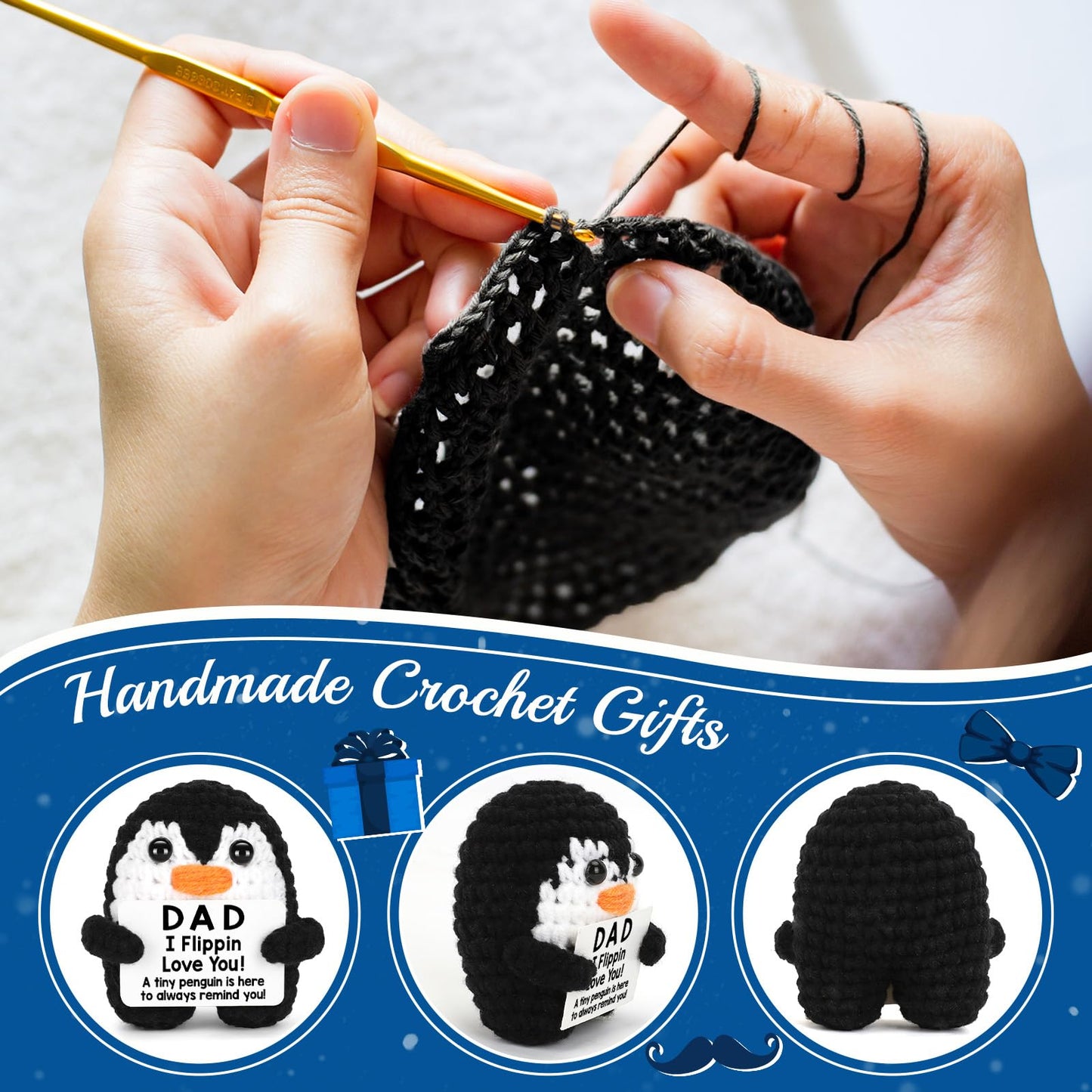 Fathers Day Dad Gifts from Daughter Son Birthday, Handmade Crochet Penguin Father's Day Dad Birthday Gifts, Mini Funny I Love You Gift for Dads Bonus Step Daddy Father Mens Positive Cute Decor