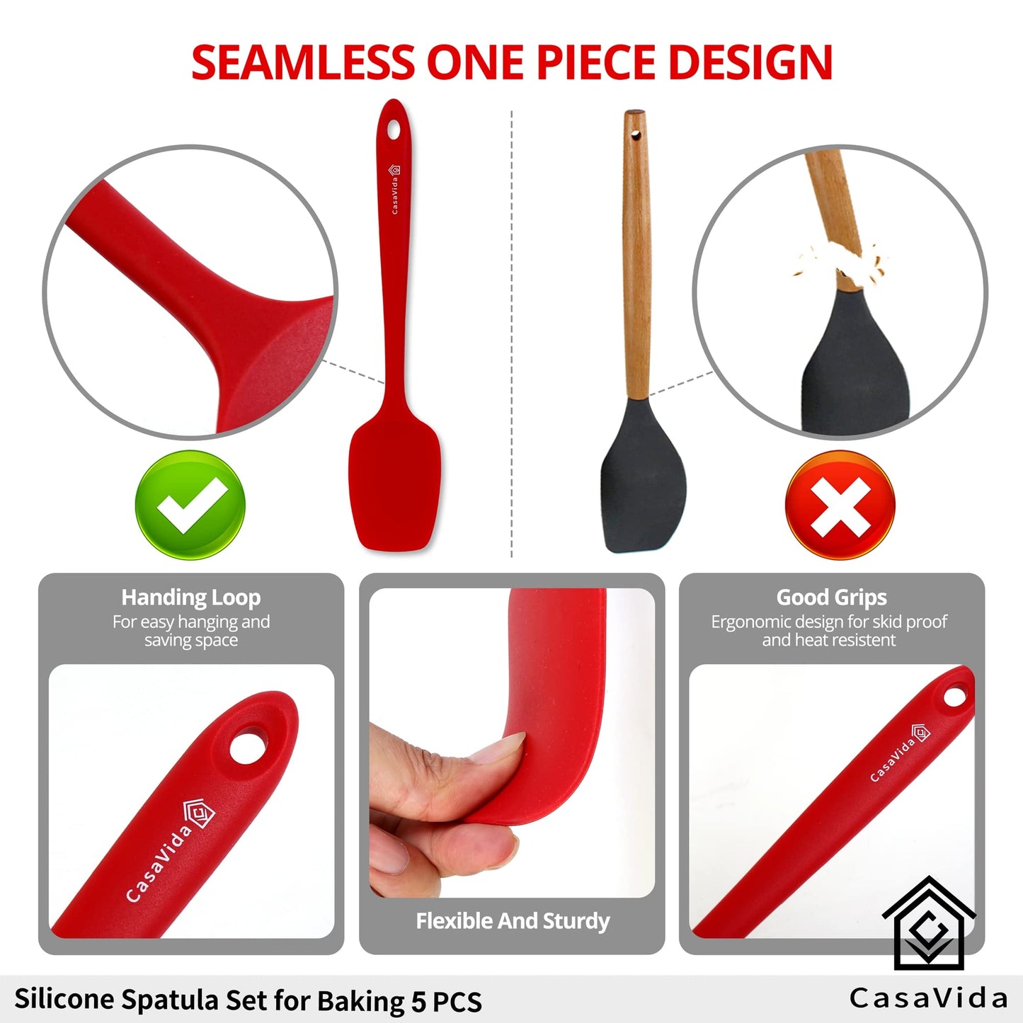 CasaVida Silicone Spatula Set 5pcs Red High Heat Resistant Non Stick Bakery Flexible BPA Free Dishwasher Safe Kitchen Utensils Bakeware Cookware Baking Mixing One-piece Seamless Spatula Set